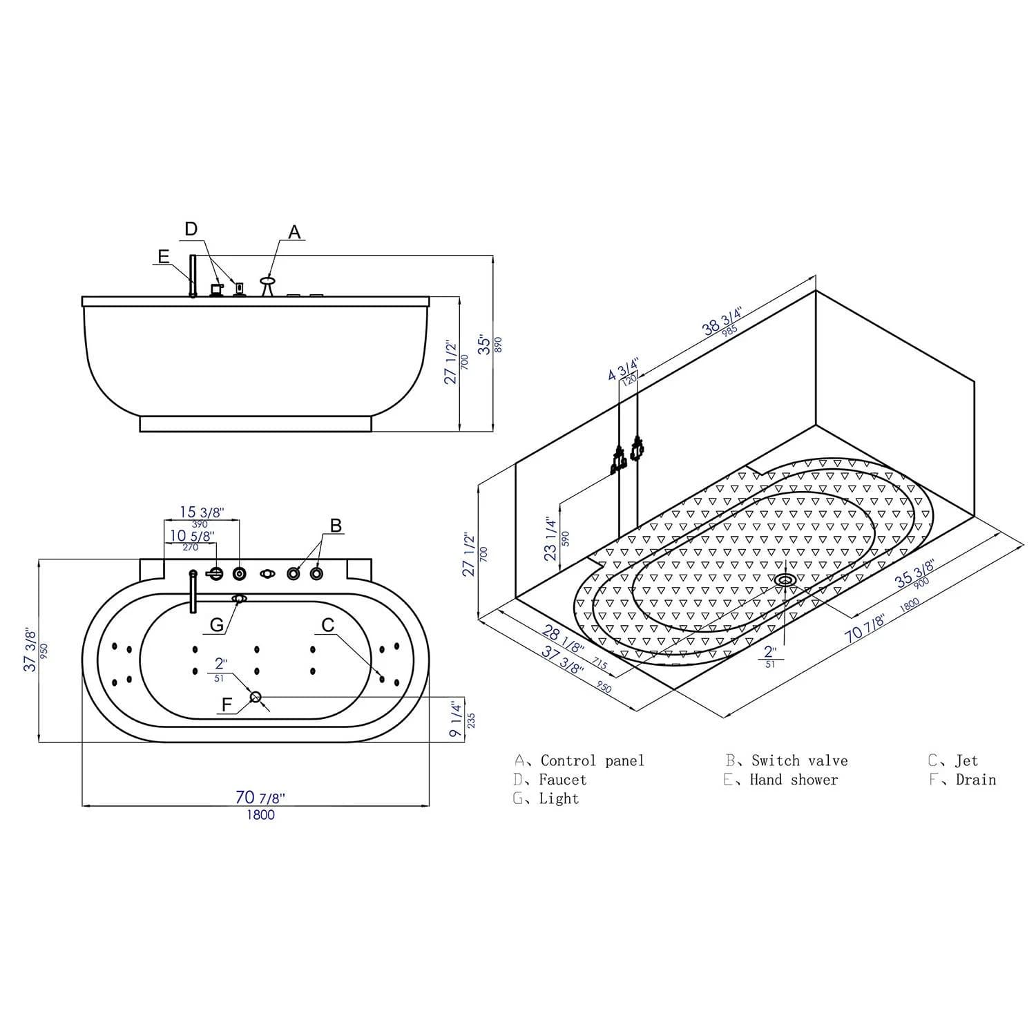 EAGO AM128ETL 6 ft Acrylic Whirlpool Bathtub - image 13