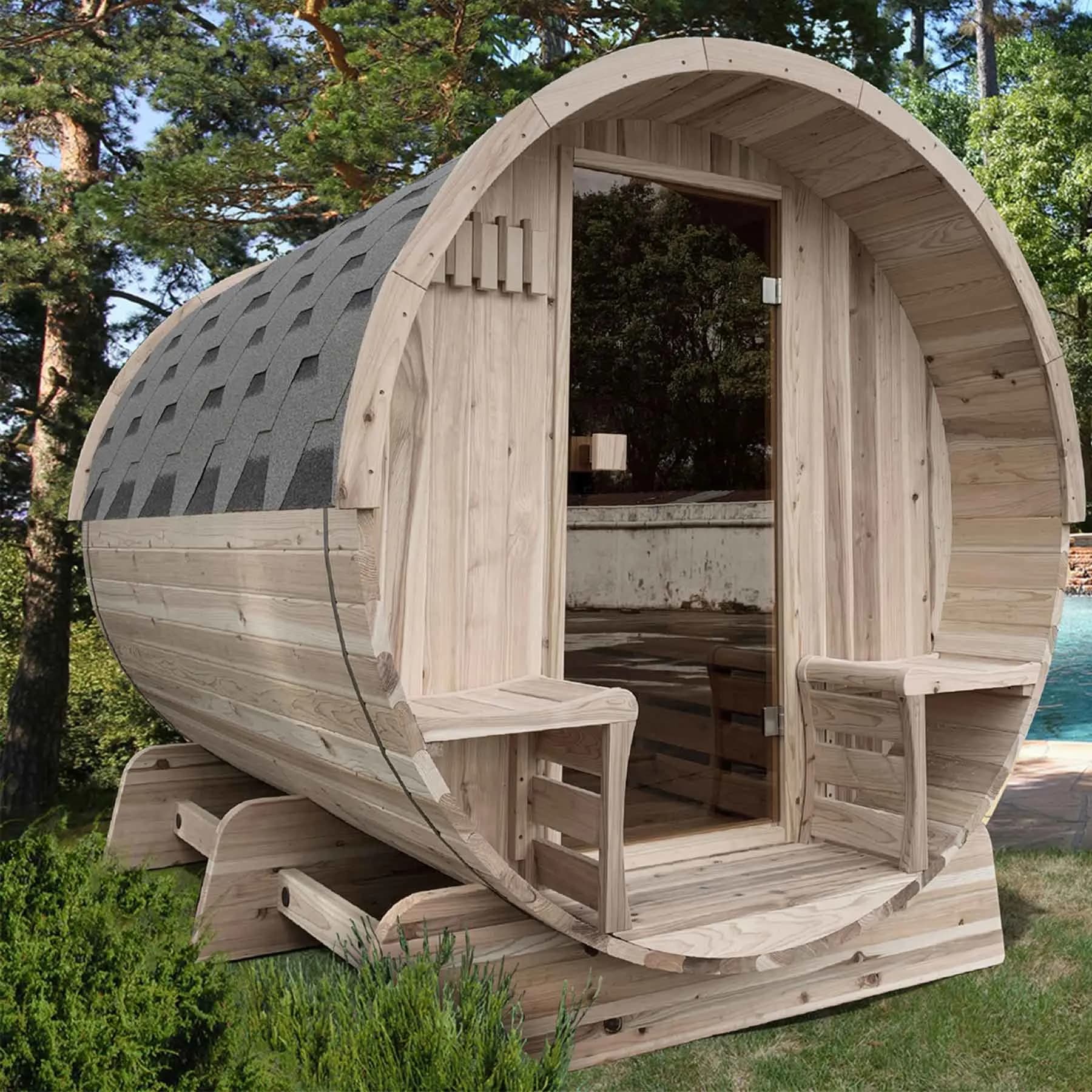 Aleko 4 Person 4.5 kW Pine Panoramic Shingle Outdoor Barrel Sauna - image 4