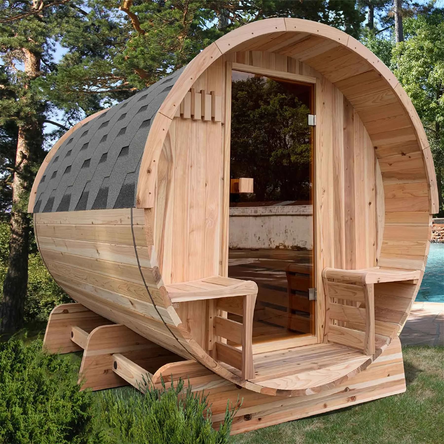 Aleko 6 Person 6 kW Cedar Panoramic Shingle Outdoor Barrel Sauna - image 3