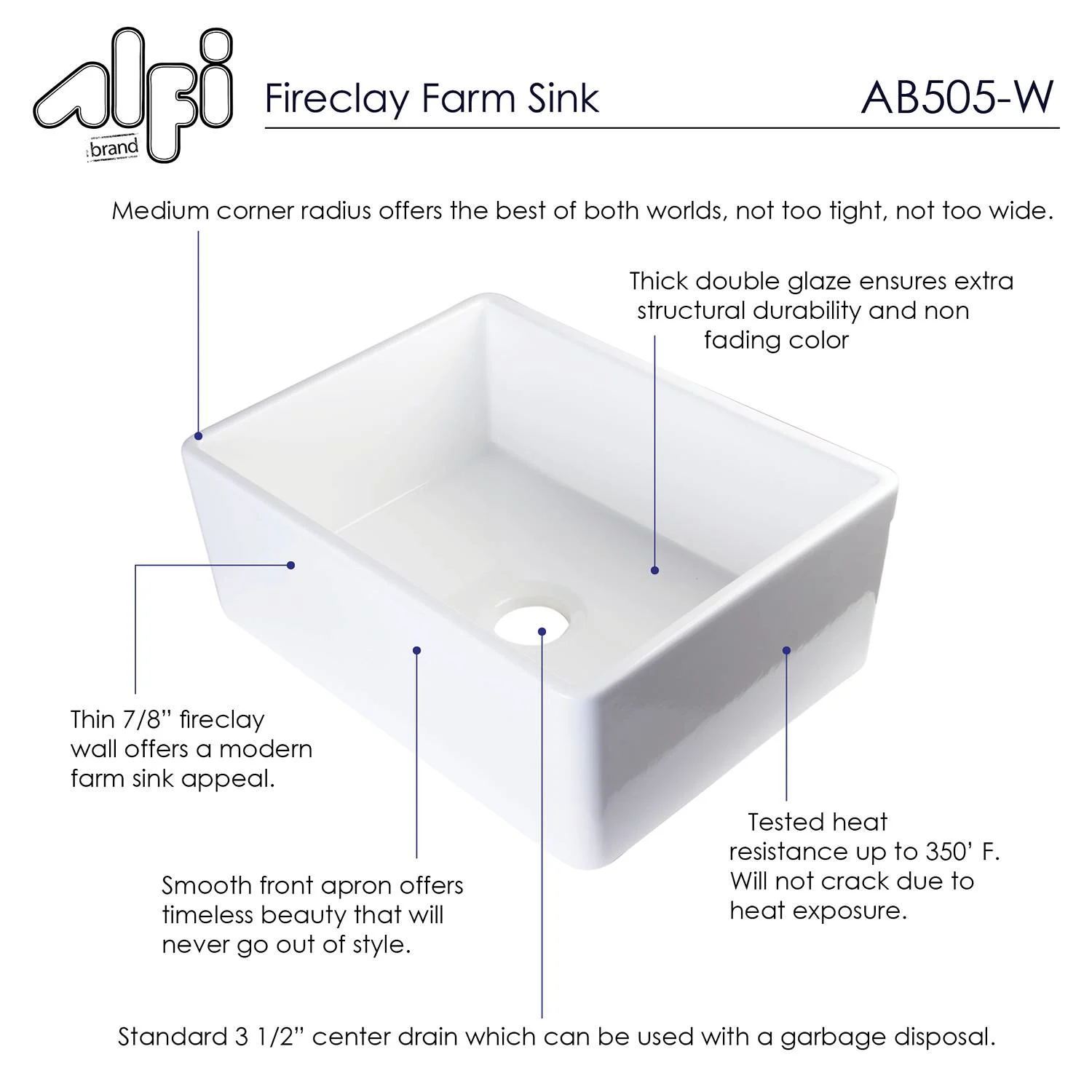 ALFI AB505 26 inch Contemporary Smooth Fireclay Farm Kitchen Sink - image 9