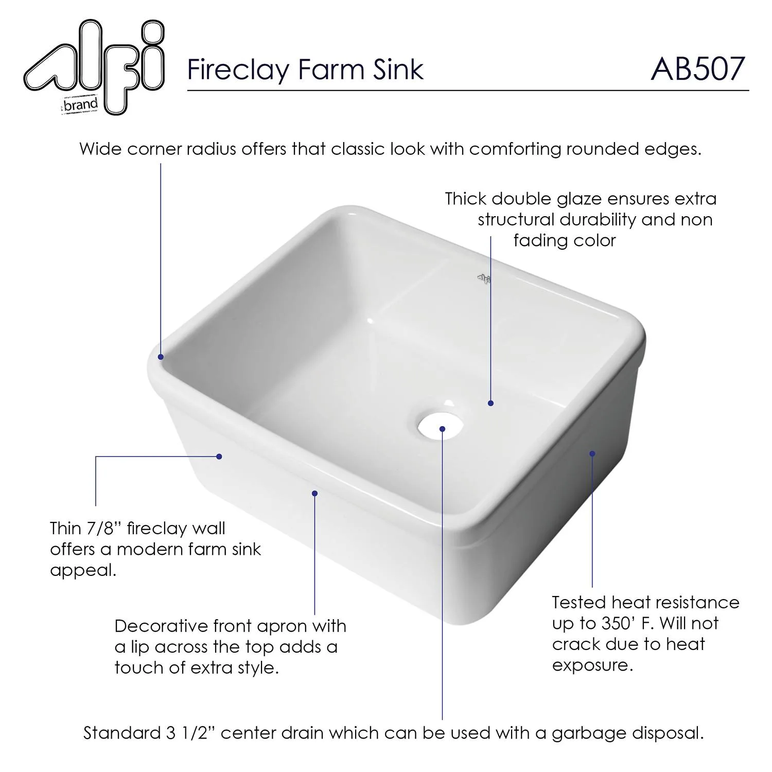 ALFI AB507 20 inch Single Bowl Fireclay Farm Kitchen Sink - image 8