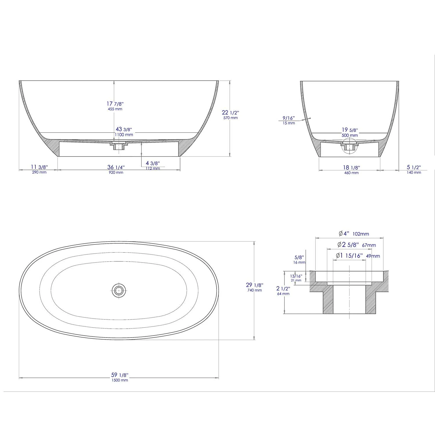 ALFI AB9975BM 59 inch Black and White Oval Resin Soaking Bathtub - image 9