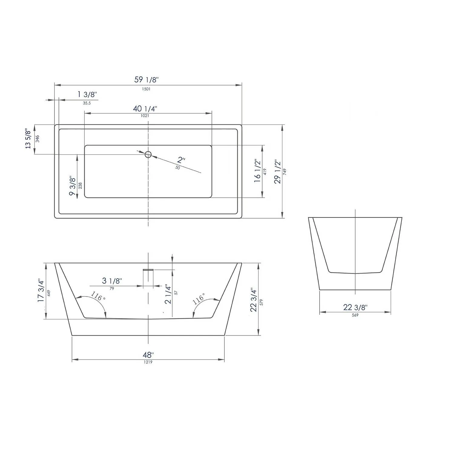 ALFI AB8833 59 inch Acrylic Rectangular Free Standing Soaking Bathtub - image 3