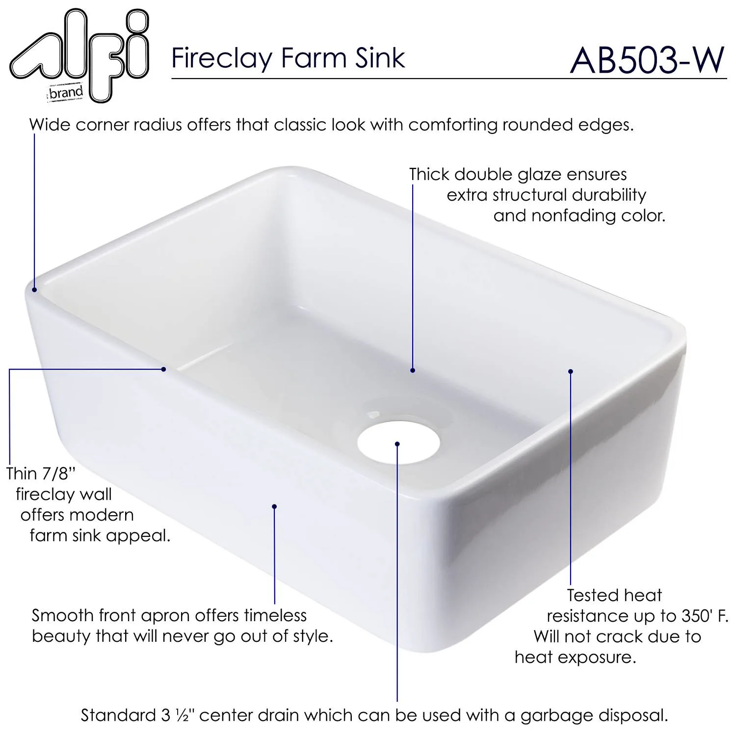 ALFI AB503 23 inch Single Bowl Fireclay Farm Kitchen Sink - image 11