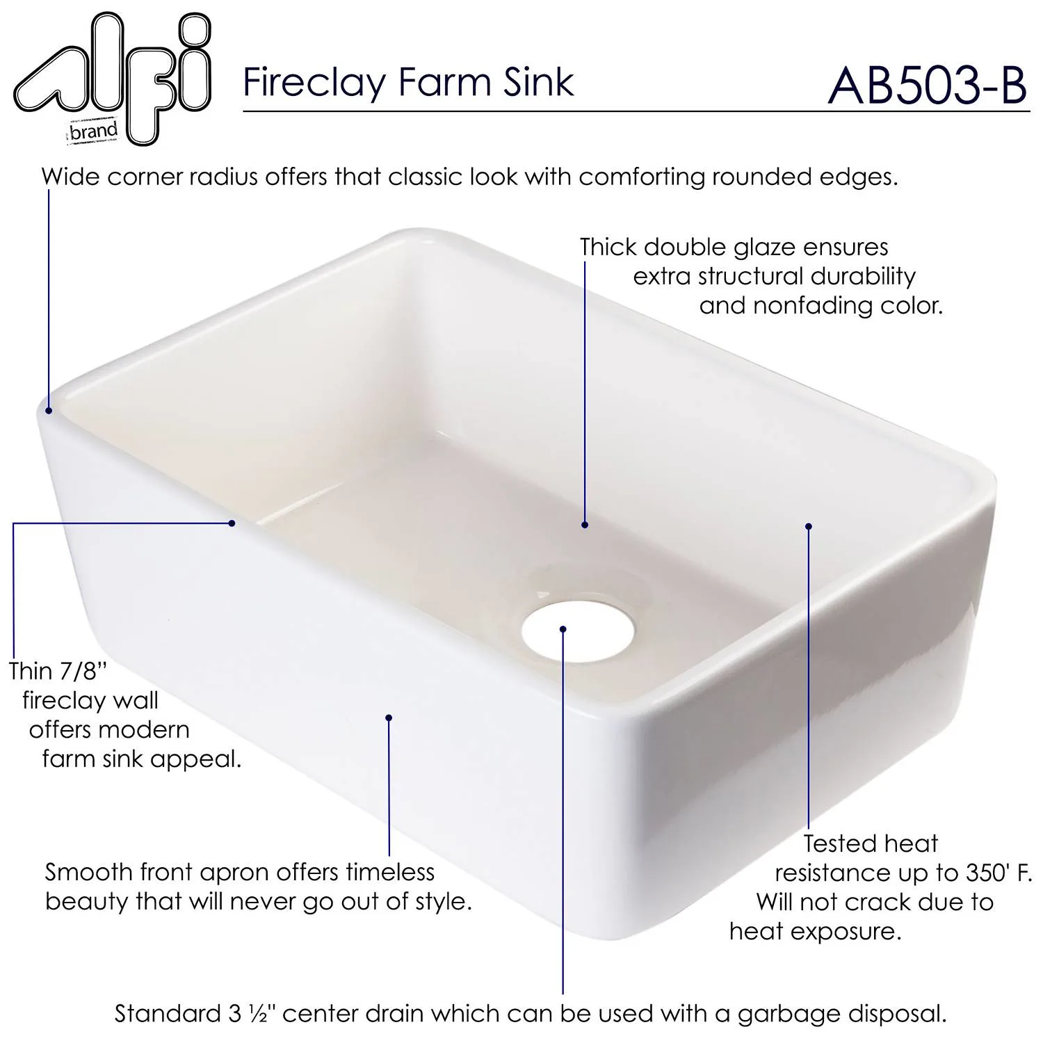 ALFI AB503 23 inch Single Bowl Fireclay Farm Kitchen Sink - image 10