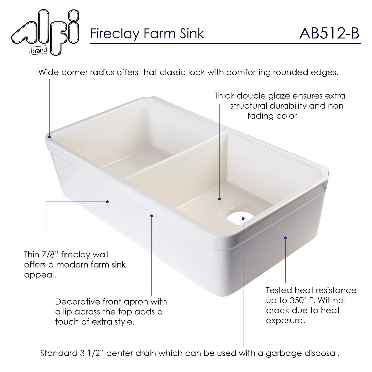 ALFI AB512 32 inch Double Bowl Fireclay Farm Kitchen Sink With 3/4" Lip - image 6