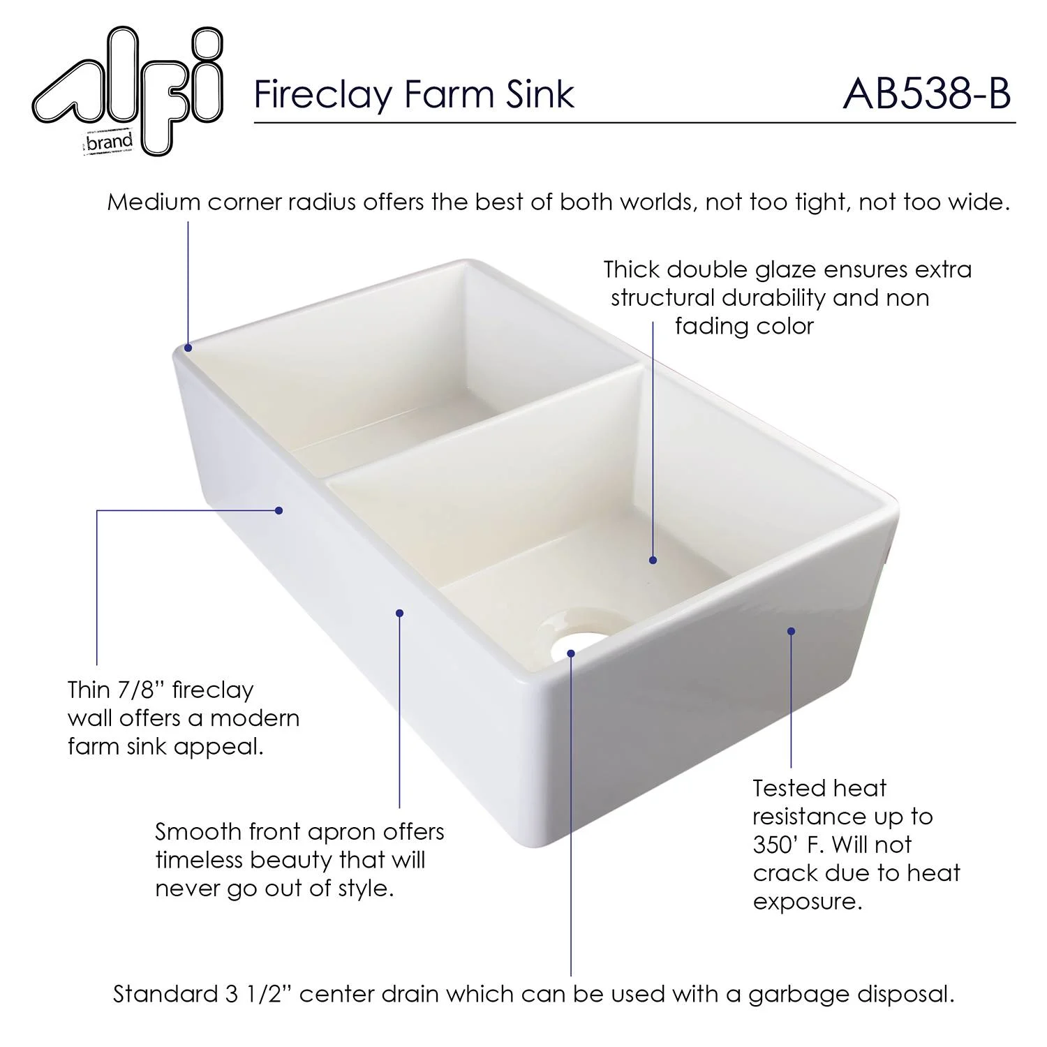 ALFI AB538 32 inch Double Bowl Fireclay Farm Kitchen Sink - image 6