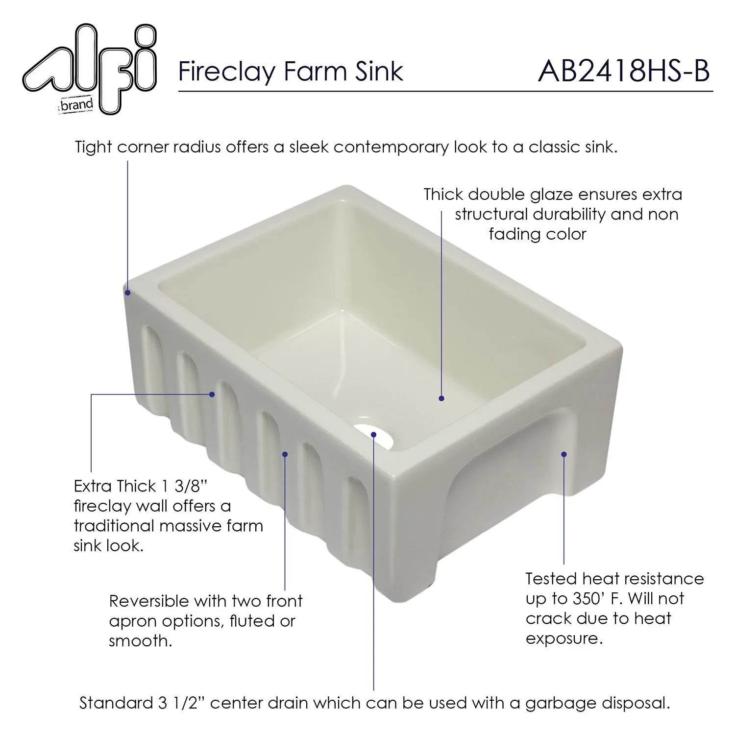 ALFI AB2418HS 24 in Reversible Single Bowl Fireclay Farm Kitchen Sink - image 9