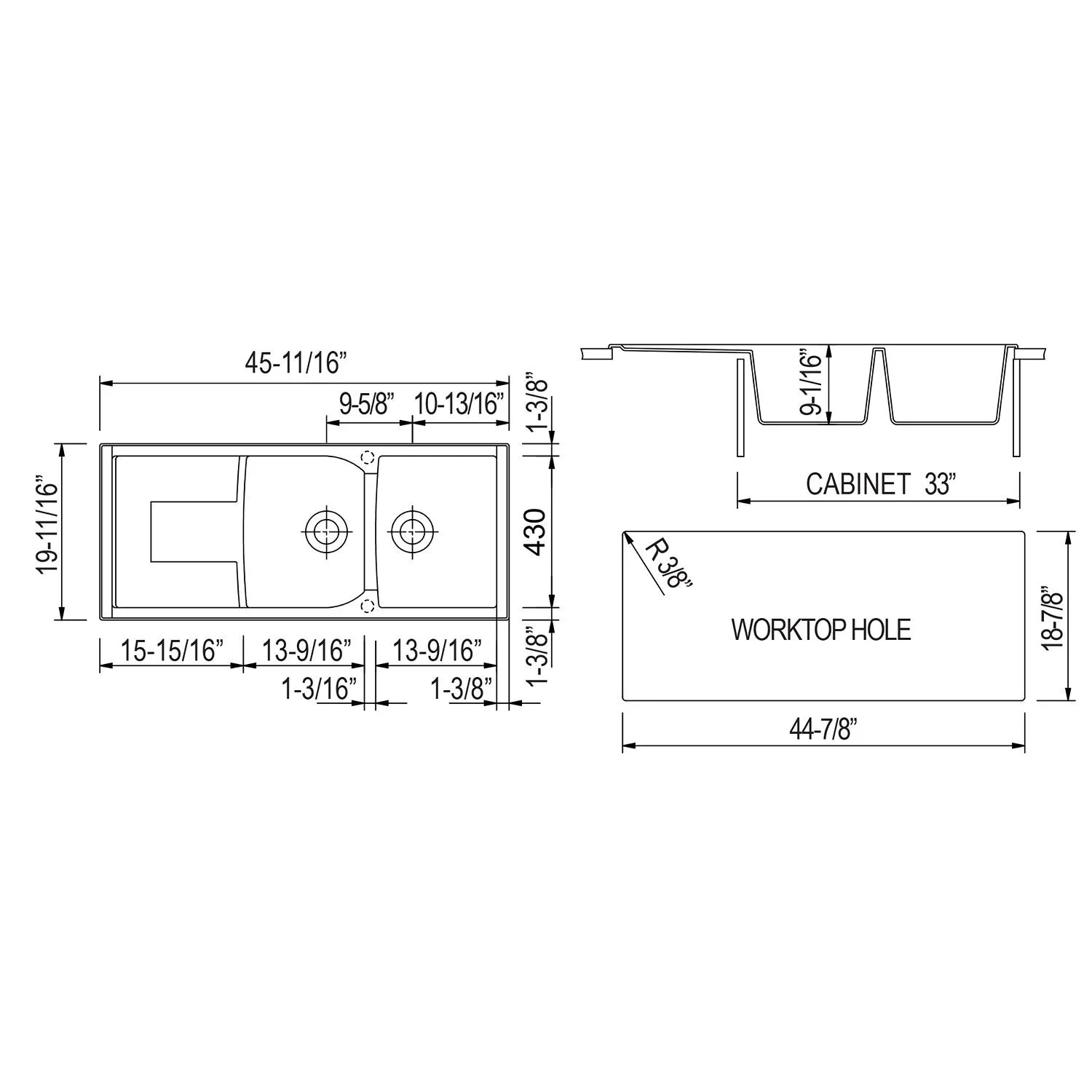ALFI AB4620DI 46 inch Double Bowl Granite Kitchen Sink With Drainboard - image 9