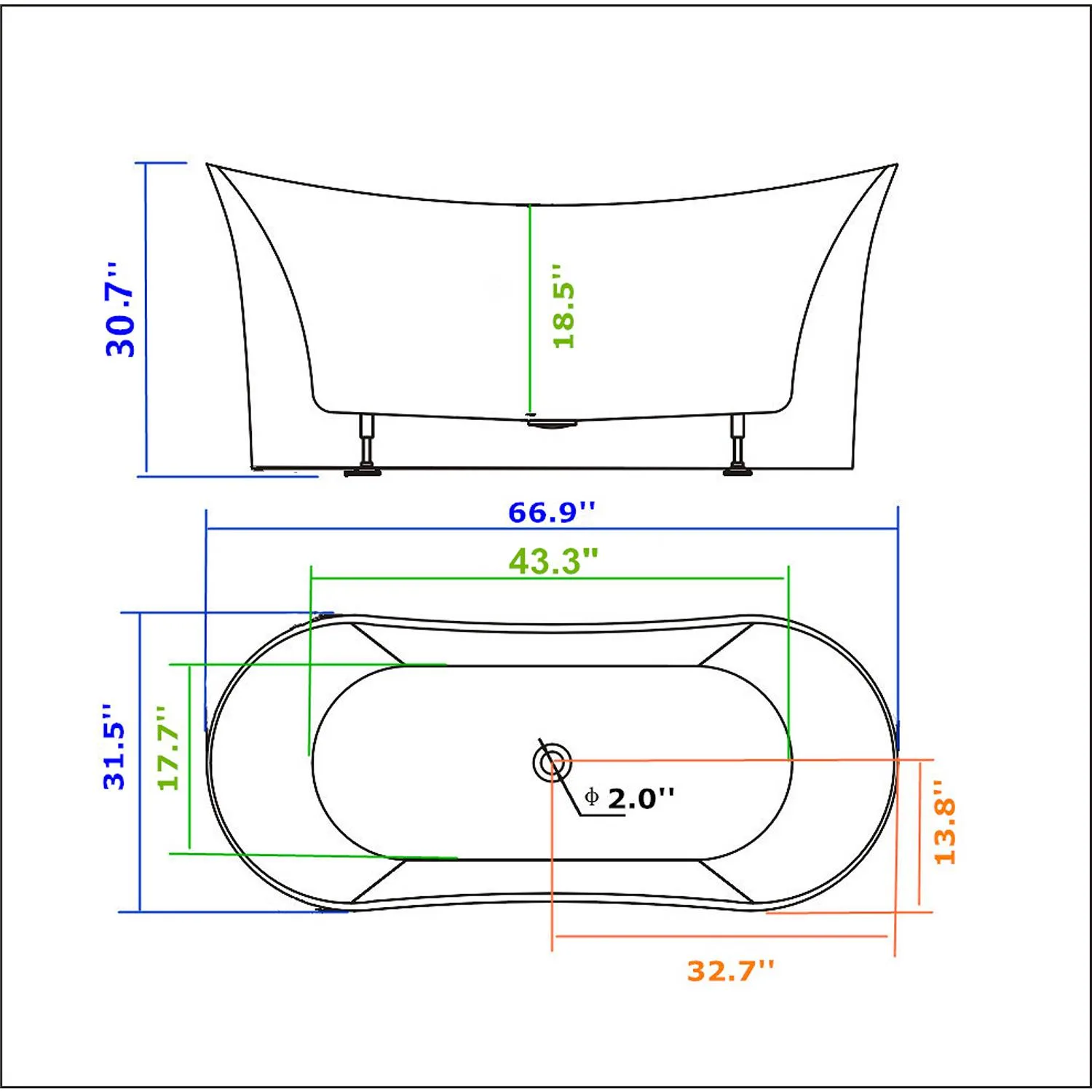 Legion Furniture 67 Inch No Faucet White Double Slipper Acrylic Bathtub - image 16