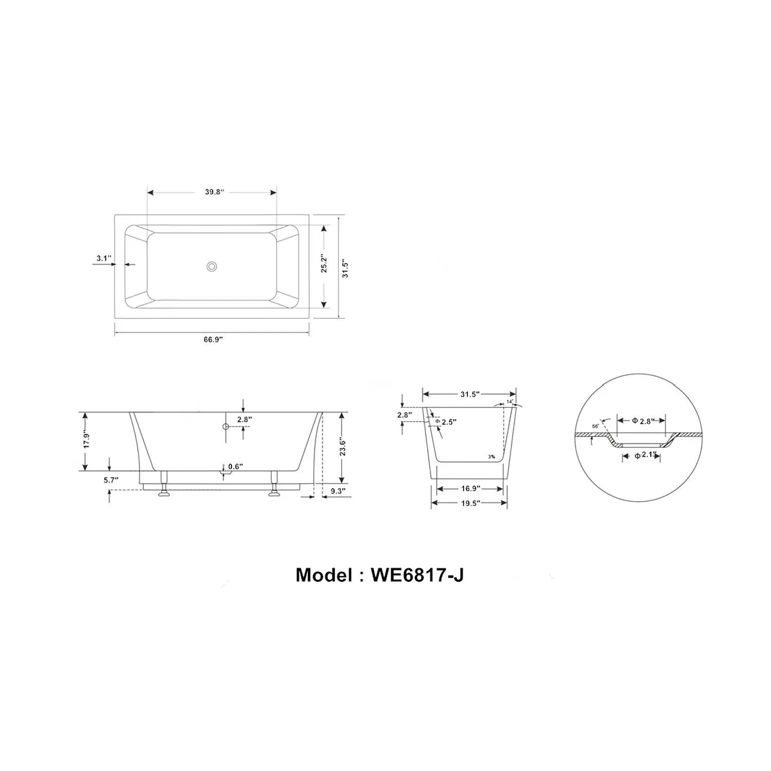 Legion Furniture 67 Inch No Faucet White Rectangular Acrylic Bathtub - image 5