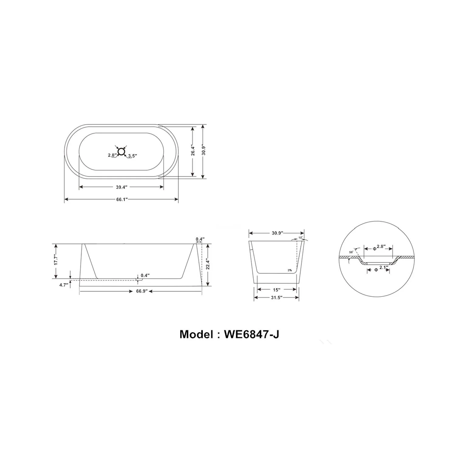 Legion Furniture 66 Inch No Faucet White Soaking Acrylic Bathtub - image 9