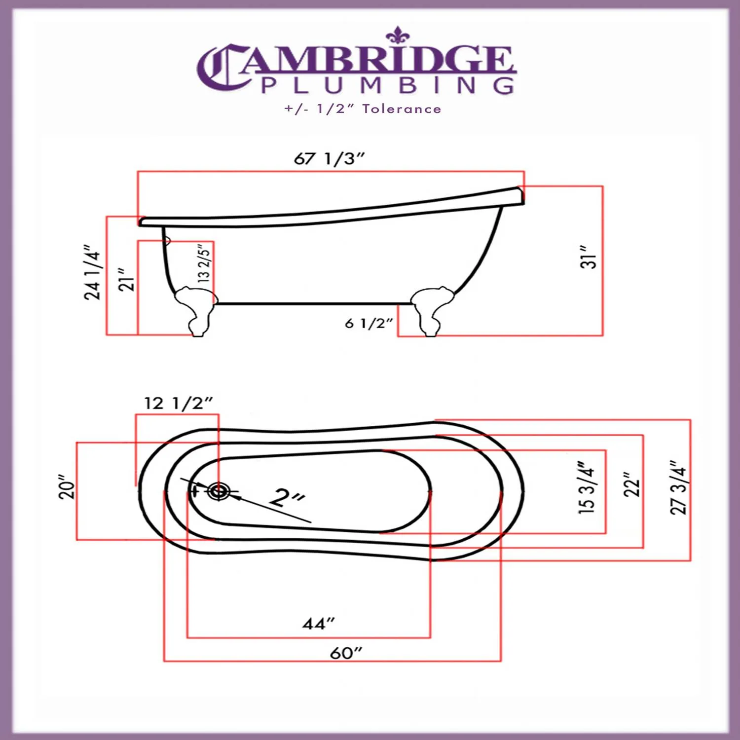 Cambridge Plumbing 67 Inch Freestanding Double Slipper Acrylic Bathtub - image 2