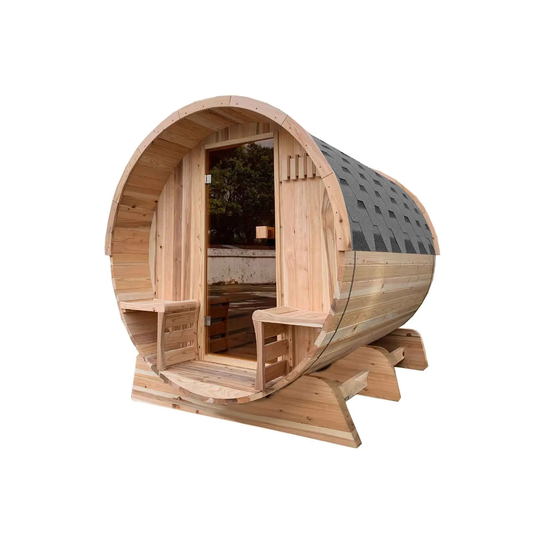 Aleko 4 Person 4.5 kW Cedar Panoramic Shingle Outdoor Barrel Sauna
