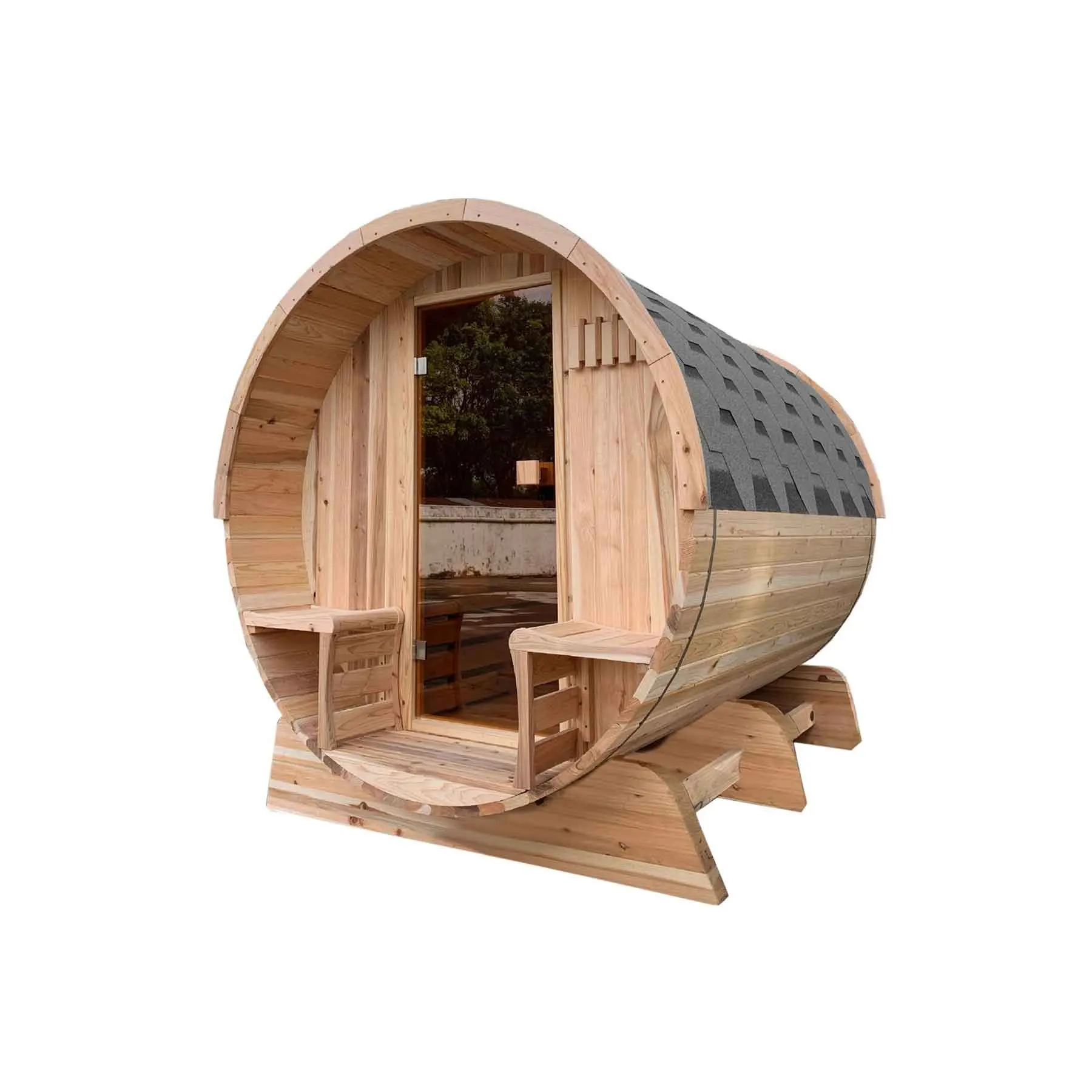 Aleko 6 Person 6 kW Cedar Panoramic Shingle Outdoor Barrel Sauna