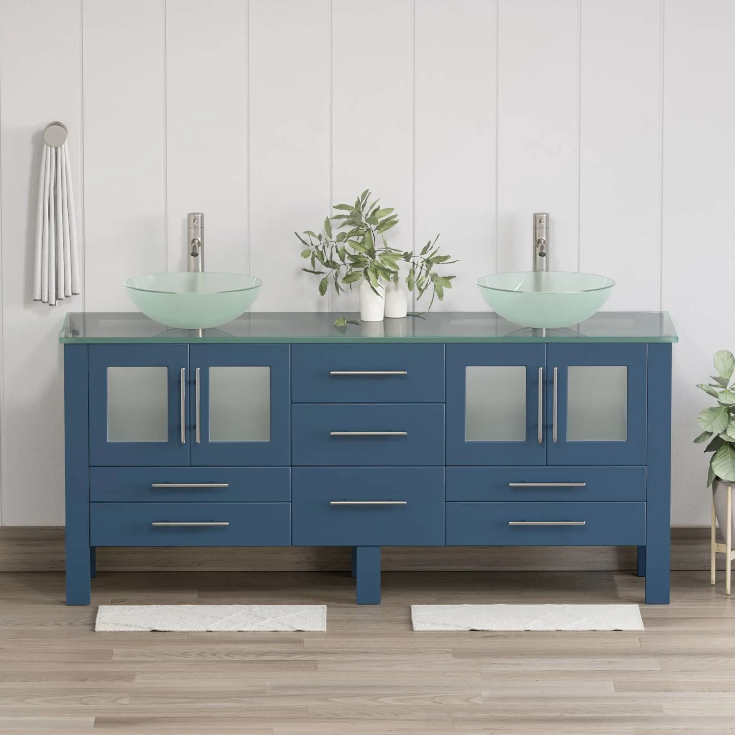 Cambridge Plumbing Complete 72 Inch Tempered Glass Blue Vanity Set