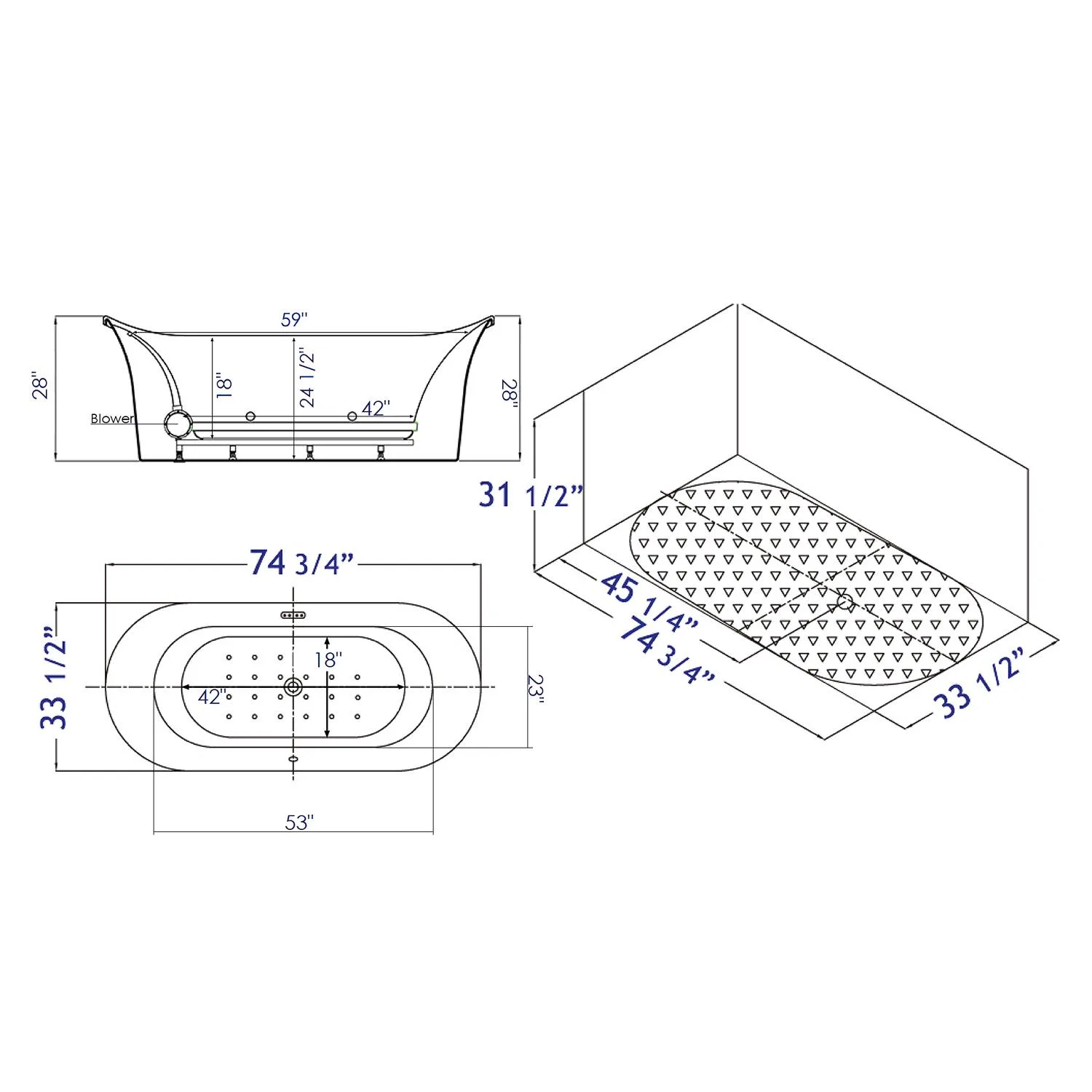 EAGO AM1900 74 inch Free Standing Air Bubble Bathtub - image 6