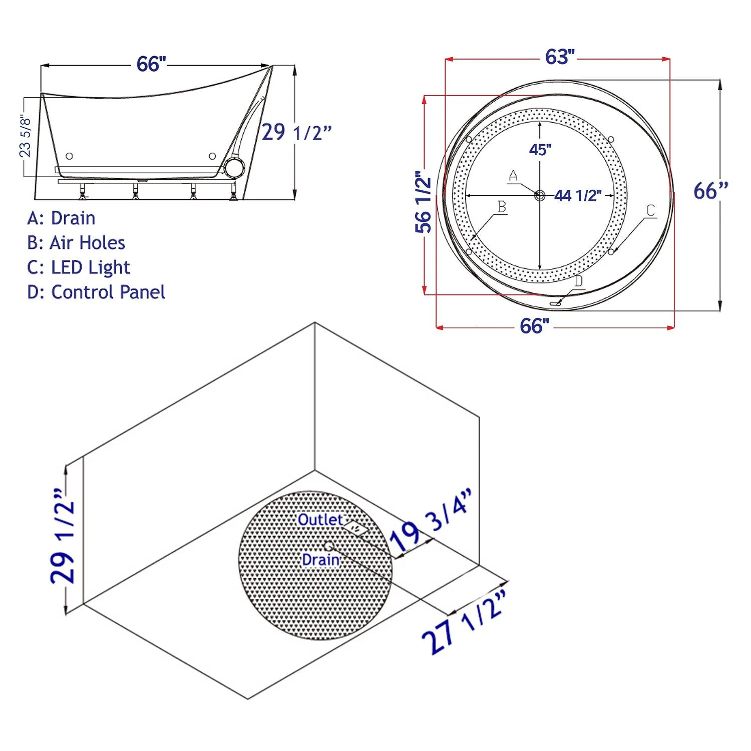 EAGO AM2130 66 inch Acrylic Round Free Standing Air Bubble Bathtub - image 11