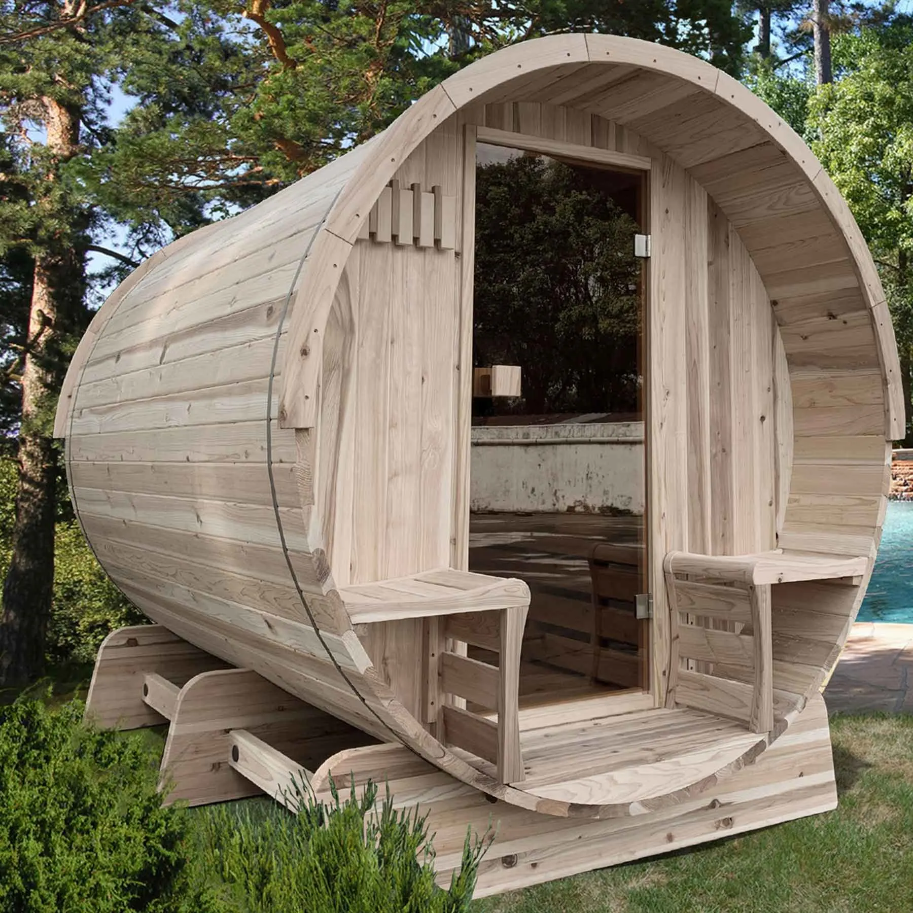 Aleko 4 Person 4.5 kW Pine Panoramic Shingle Outdoor Barrel Sauna - image 3