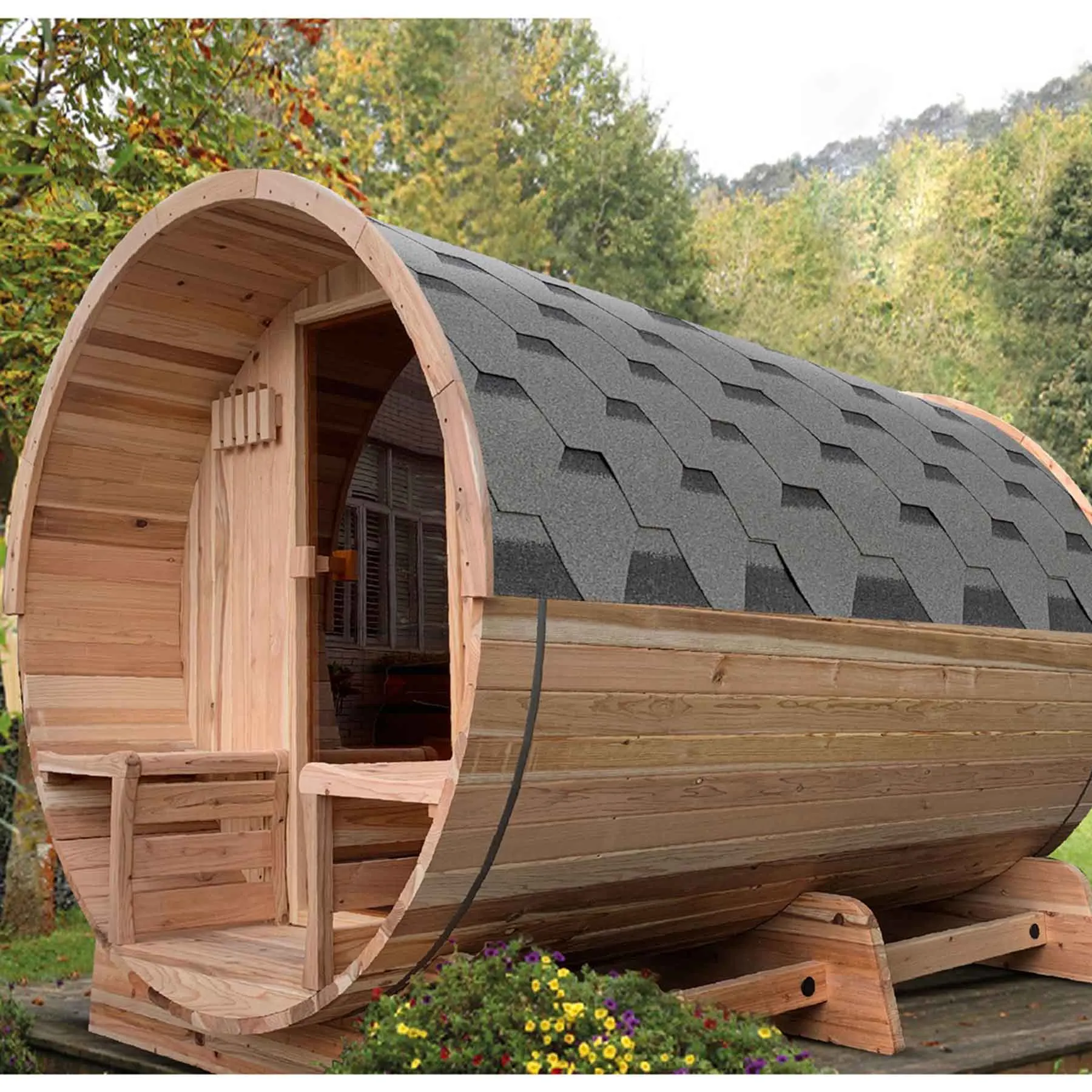 Aleko 6 Person 6 kW Cedar Panoramic Shingle Outdoor Barrel Sauna - image 5