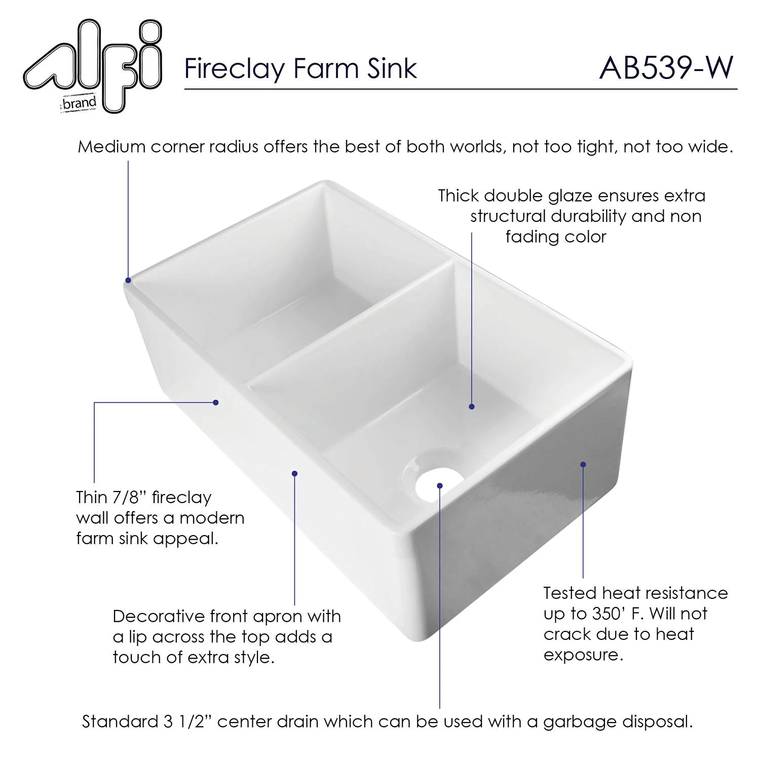 ALFI AB539 32 inch Double Bowl Fireclay Farm Kitchen Sink - image 9