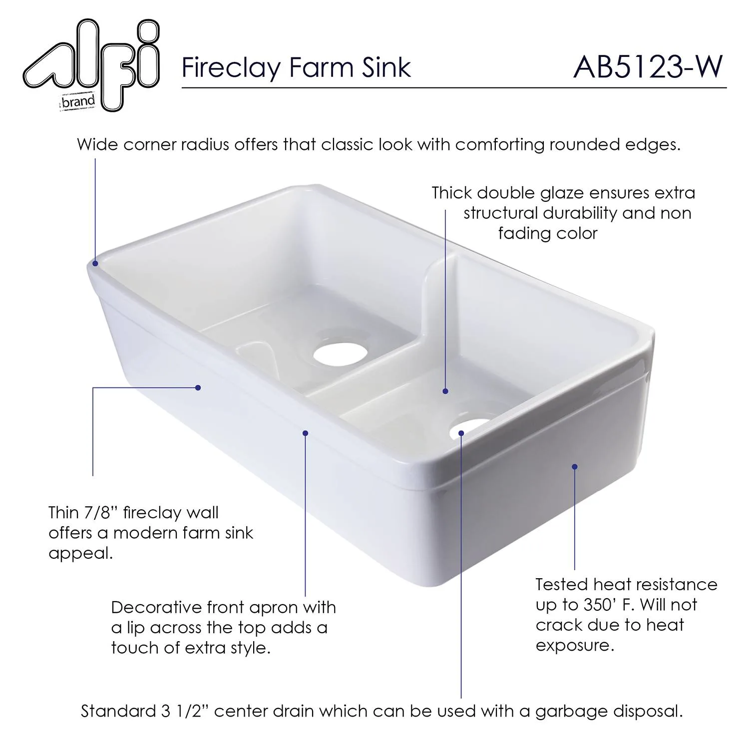 ALFI AB5123 32 inch Double Bowl Short Fireclay Farm Kitchen Sink - image 9