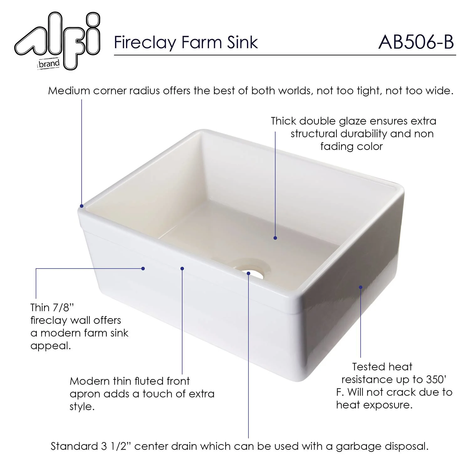 ALFI AB506 26 inch Single Bowl Fireclay Farm Kitchen Sink - image 6