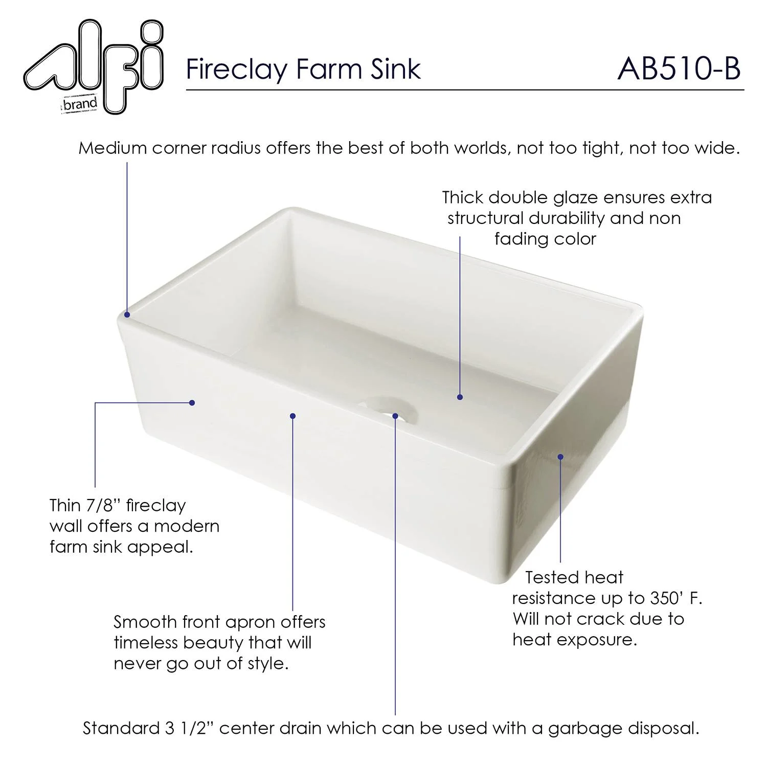 ALFI AB510 30 inch Contemporary Smooth Fireclay Farm Kitchen Sink - image 5