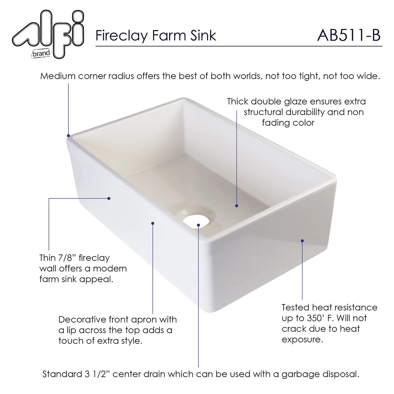 ALFI AB511 30 inch Single Bowl Fireclay Farm Kitchen Sink - image 5