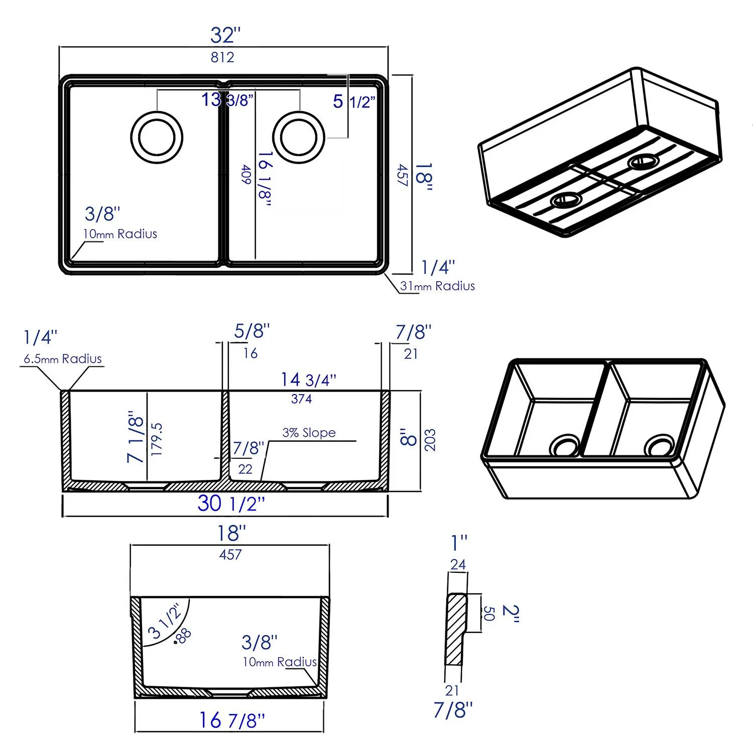 ALFI AB512 32 inch Double Bowl Fireclay Farm Kitchen Sink With 3/4" Lip - image 7