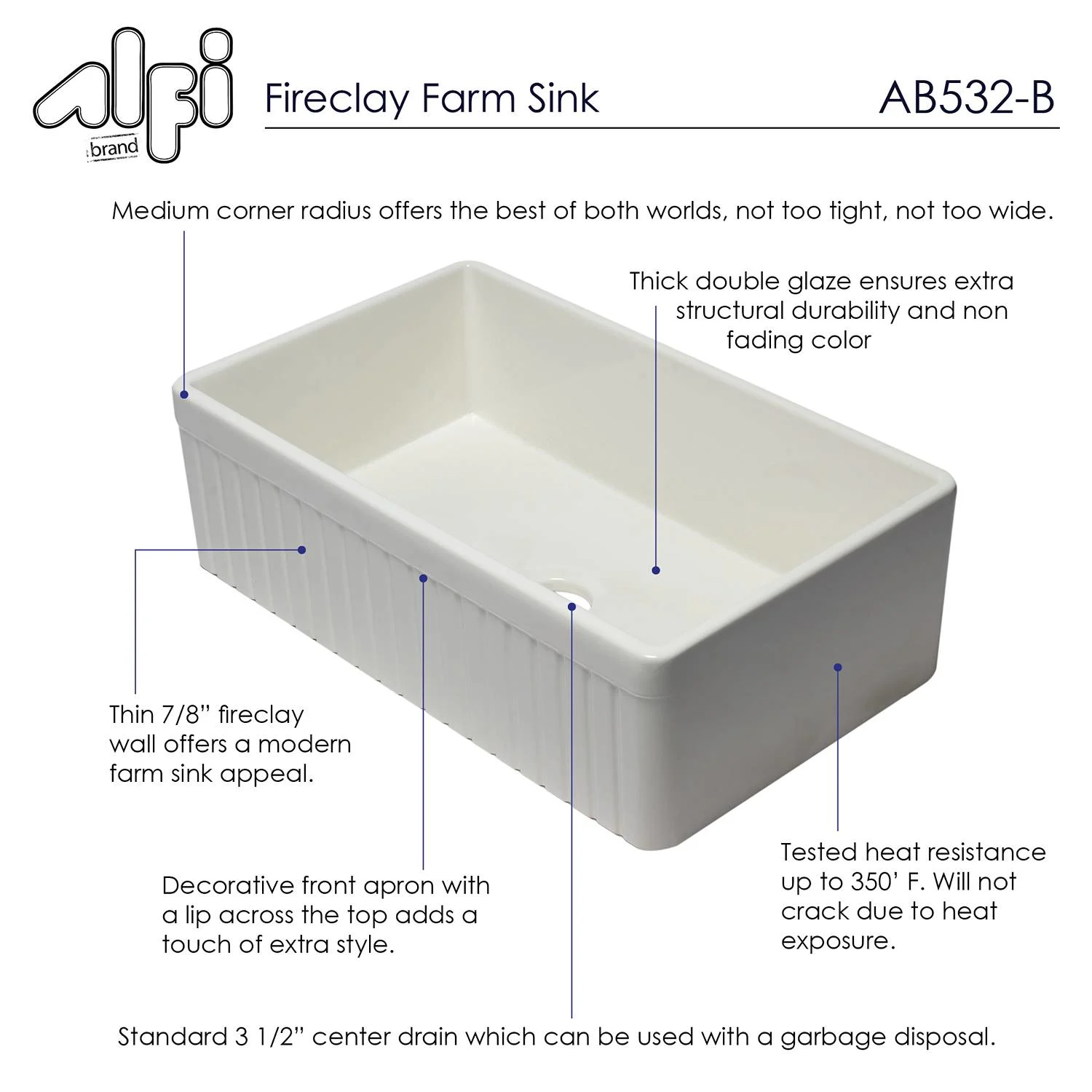 ALFI AB532 33 inch Fluted Single Bowl Fireclay Farm Kitchen Sink - image 6