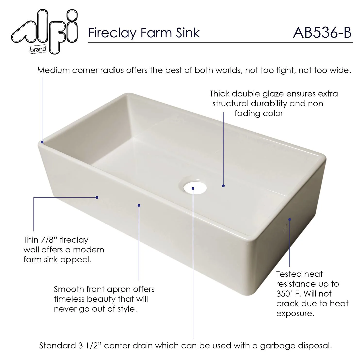 ALFI AB536 36 inch Smooth Single Bowl Fireclay Farm Kitchen Sink - image 6