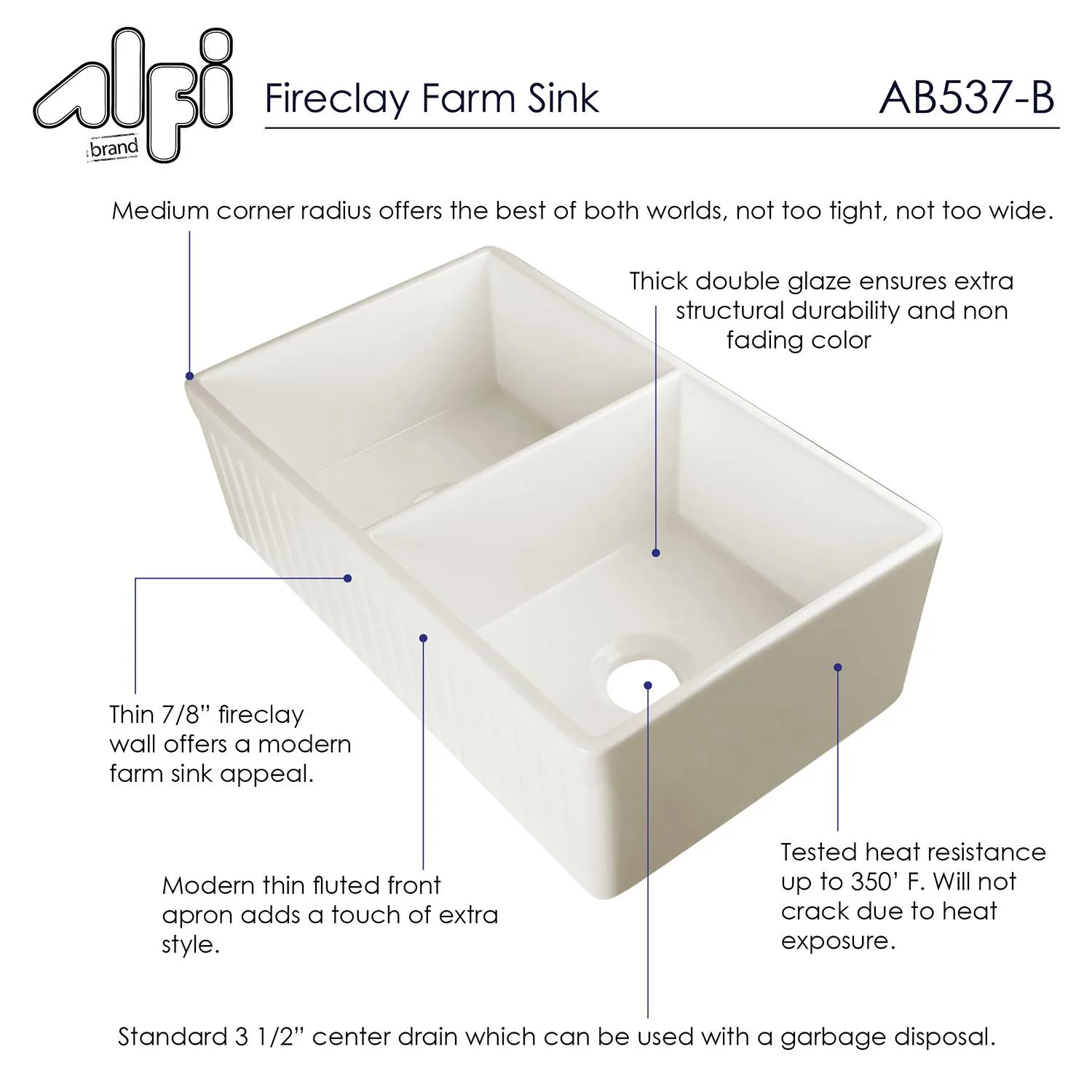 ALFI AB537 32 inch Double Bowl Fireclay Farm Kitchen Sink - image 6