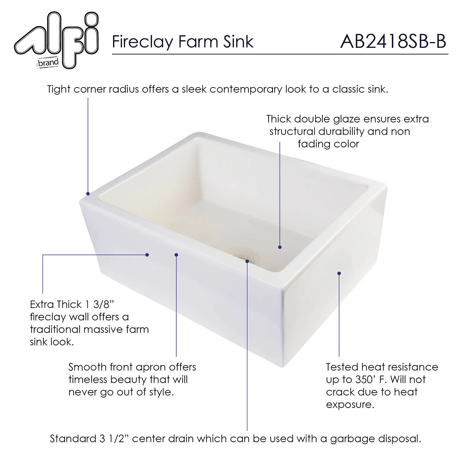 ALFI AB2418SB 24 inch Smooth Single Bowl Fireclay Farm Kitchen Sink - image 6