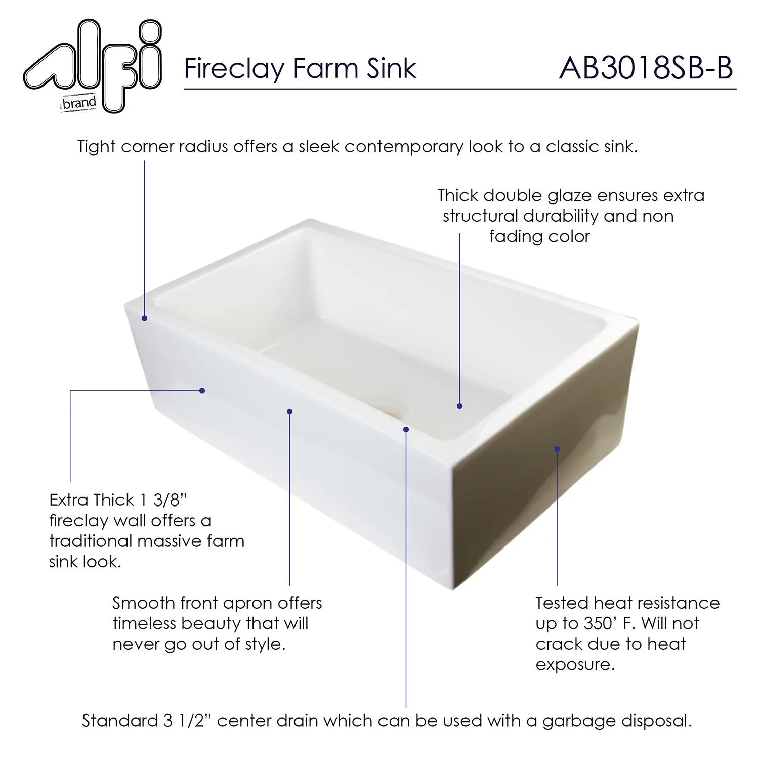 ALFI AB3018SB 30 inch Smooth Single Bowl Fireclay Farm Kitchen Sink - image 6