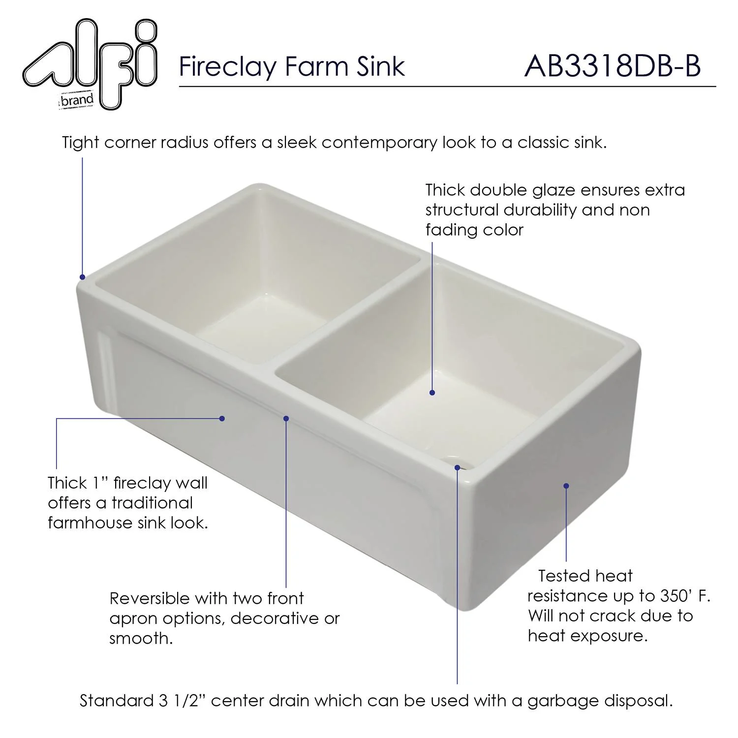 ALFI AB3318DB 33 in Reversible Double Bowl Fireclay Farm Kitchen Sink - image 9