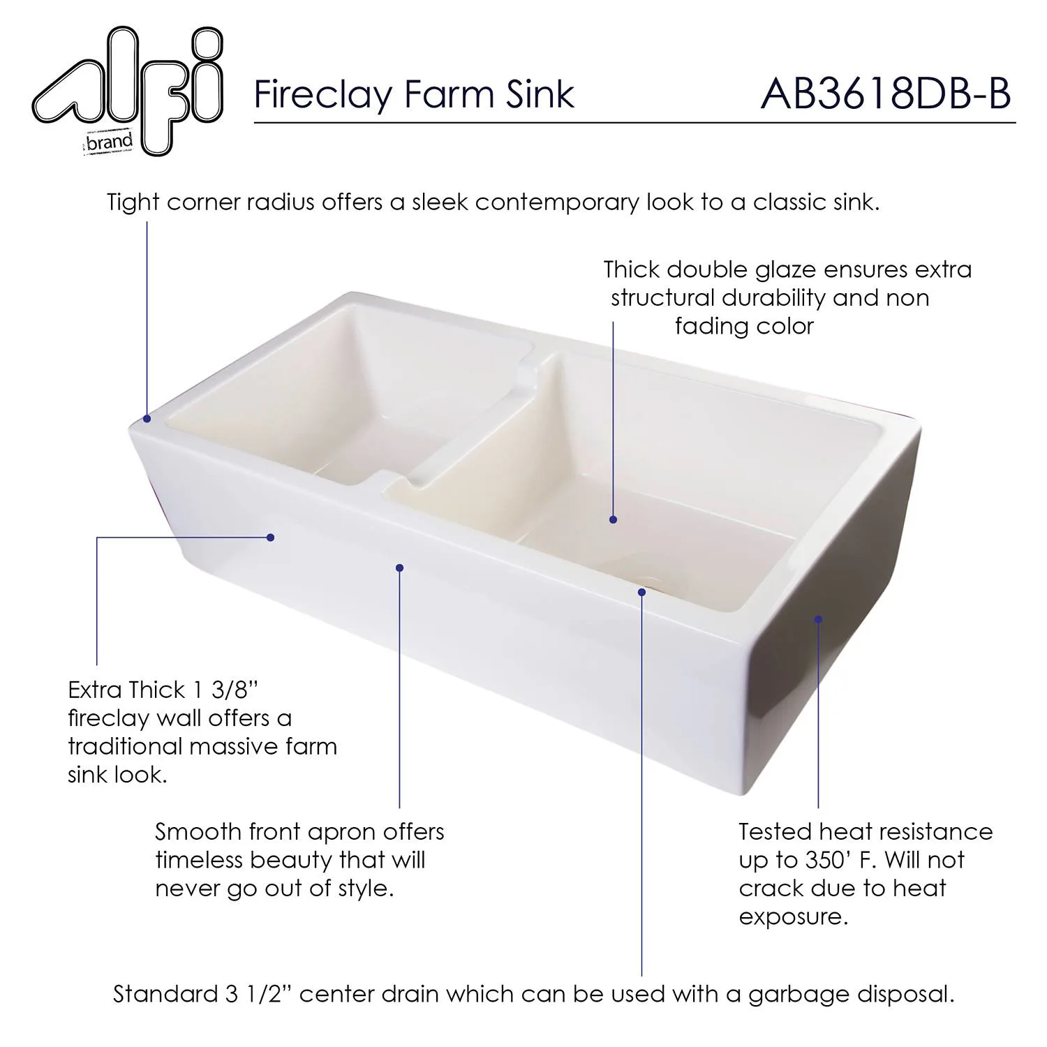 ALFI AB3618DB 36 inch Arched Double Bowl Fireclay Farm Kitchen Sink - image 6