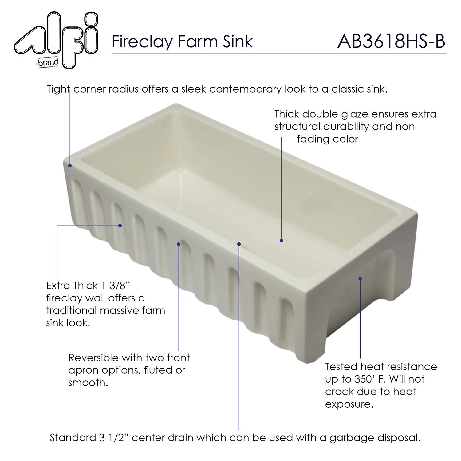 ALFI AB3618HS 36 in Reversible Single Bowl Fireclay Farm Kitchen Sink - image 12