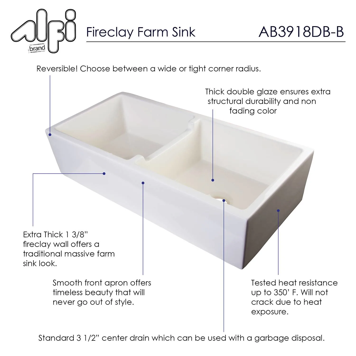 ALFI AB3918DB 39 inch Smooth Double Bowl Fireclay Farm Kitchen Sink - image 6