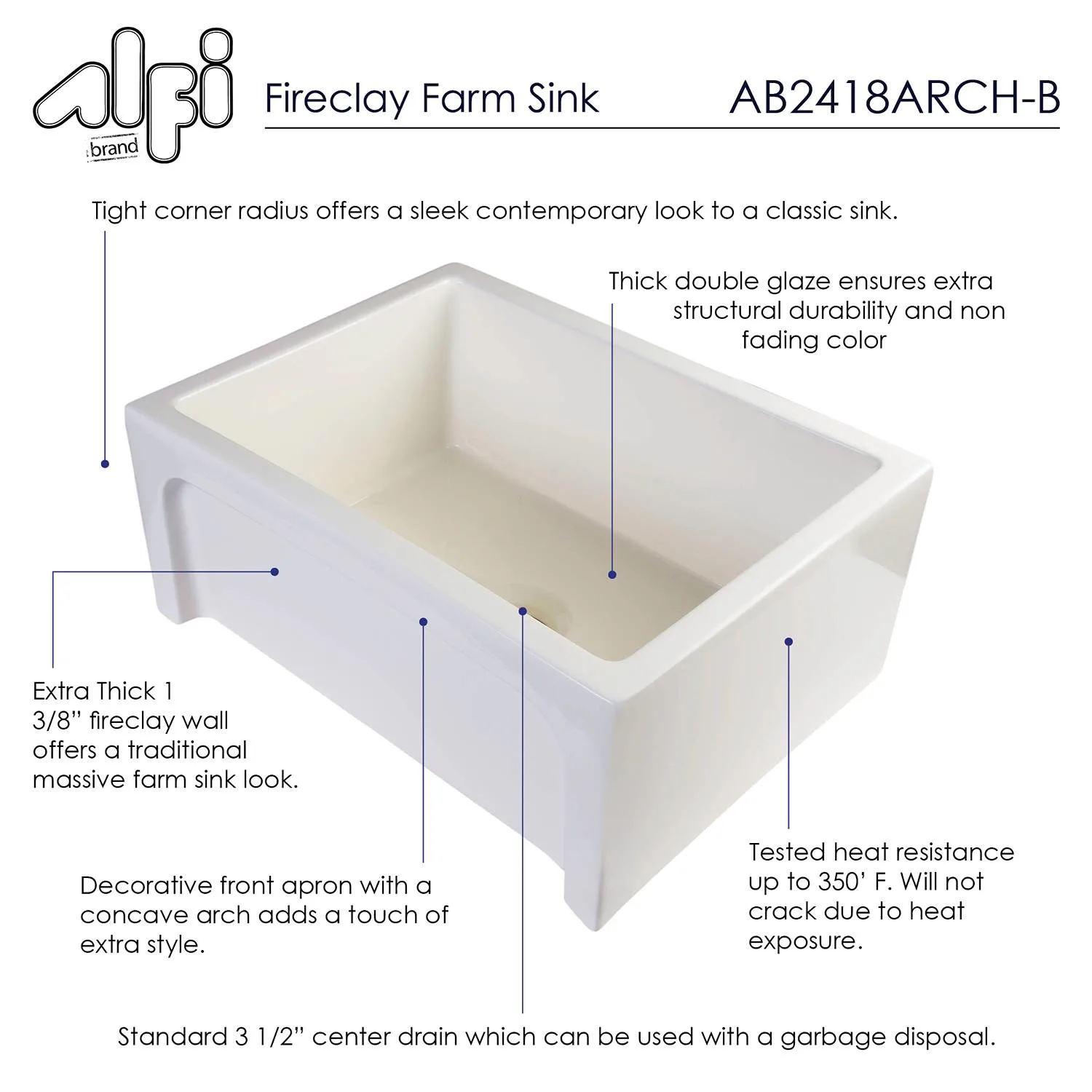 ALFI AB2418ARCH 24 inch Arched Single Bowl Fireclay Farm Kitchen Sink - image 6