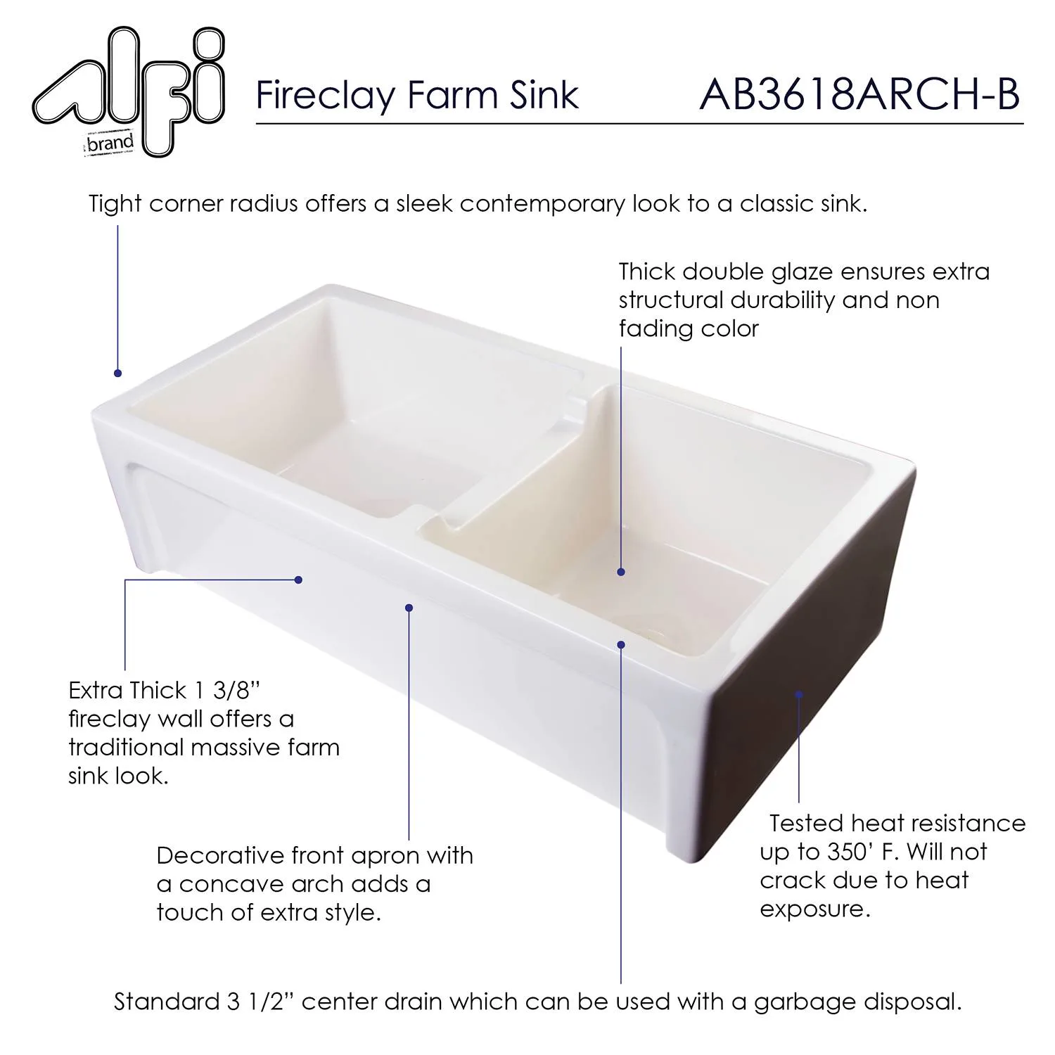 ALFI AB3618ARCH 36 inch Arched Double Bowl Fireclay Farm Kitchen Sink - image 6