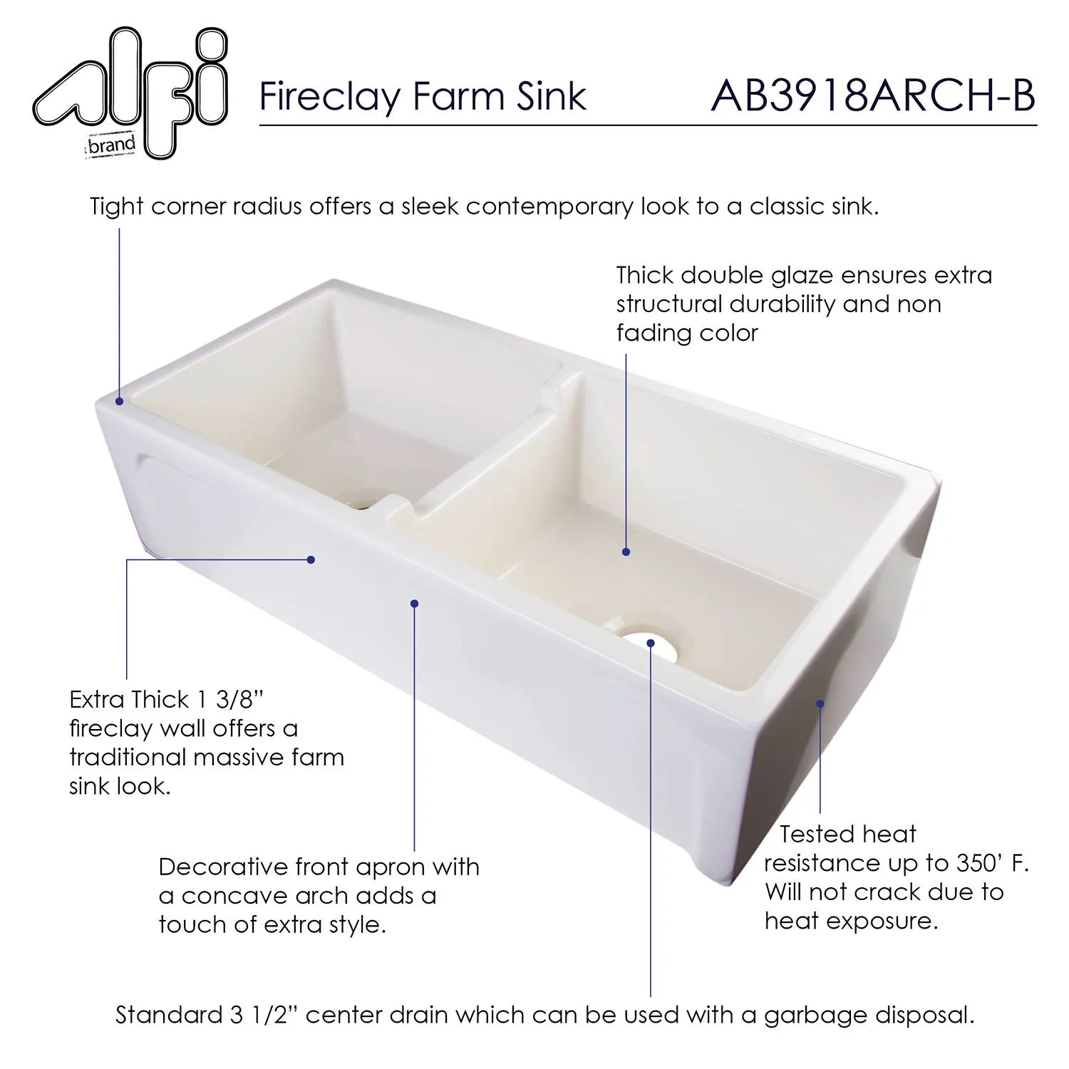 ALFI AB3918ARCH 39 inch Arched Double Bowl Fireclay Farm Kitchen Sink - image 6