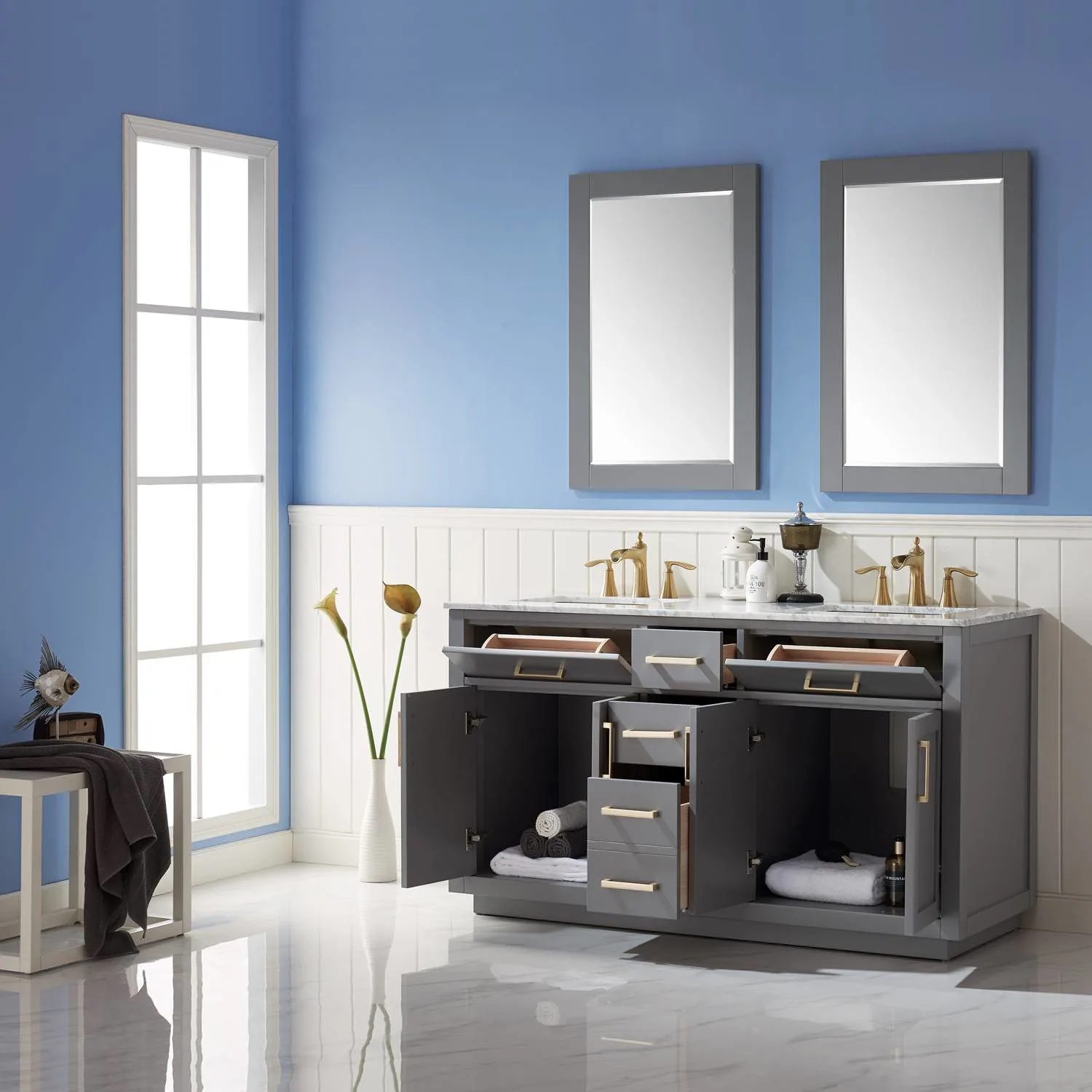 Altair Ivy 60 Inch Solid Plywood White Carrara Double Vanity - image 5