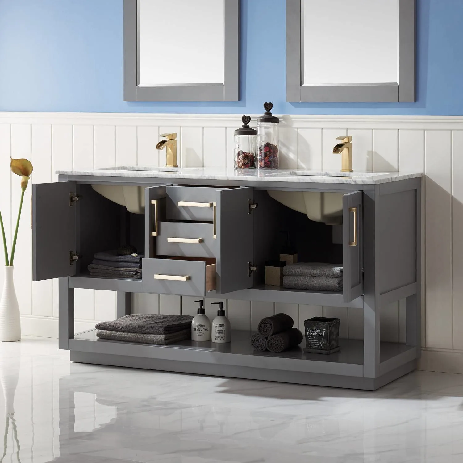 Altair Remi 60 Inch Solid Plywood White Carrara Double Vanity - image 7