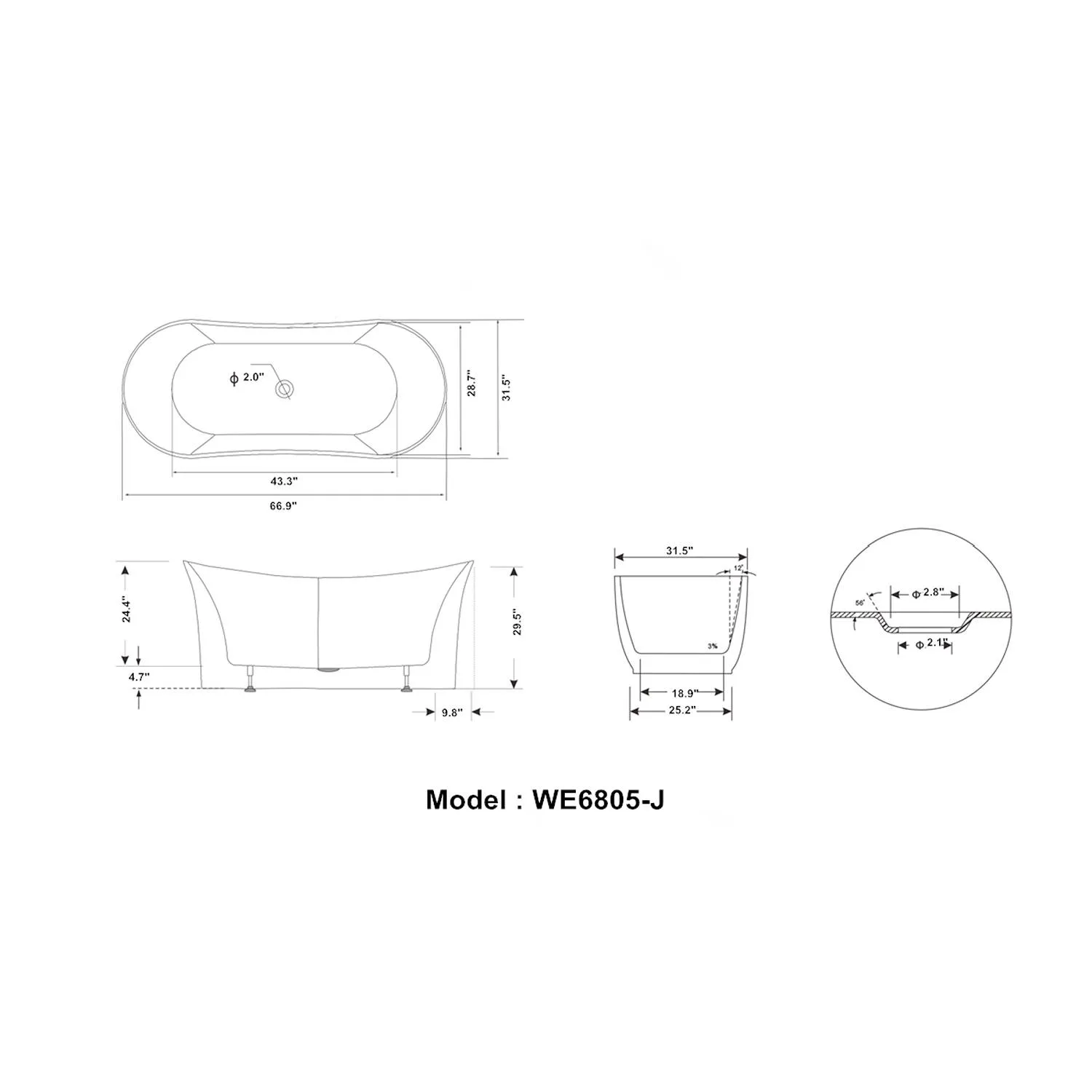 Legion Furniture 67 Inch No Faucet White Double Slipper Acrylic Bathtub - image 17