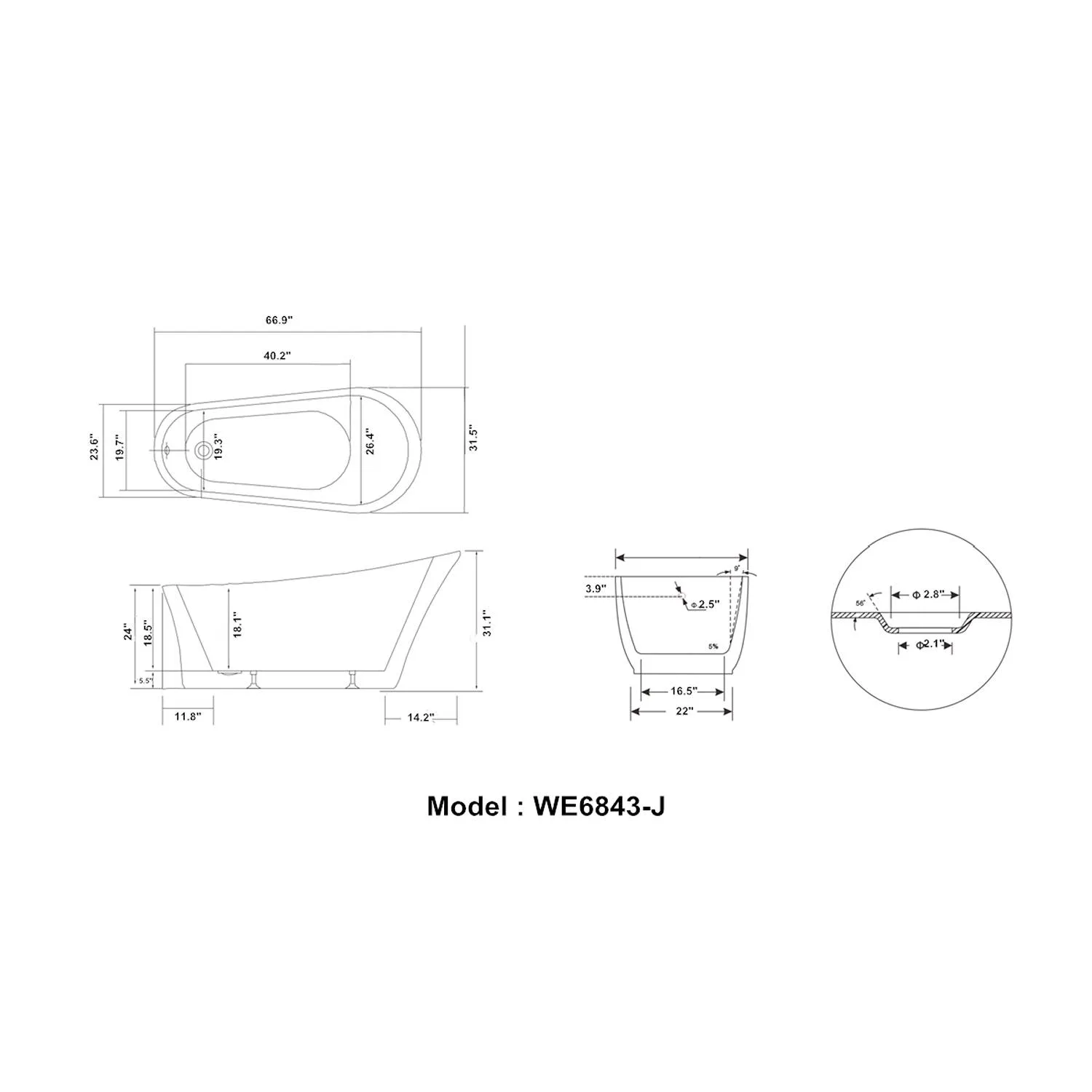 Legion Furniture 67 Inch No Faucet White Soaking Acrylic Bathtub - image 2