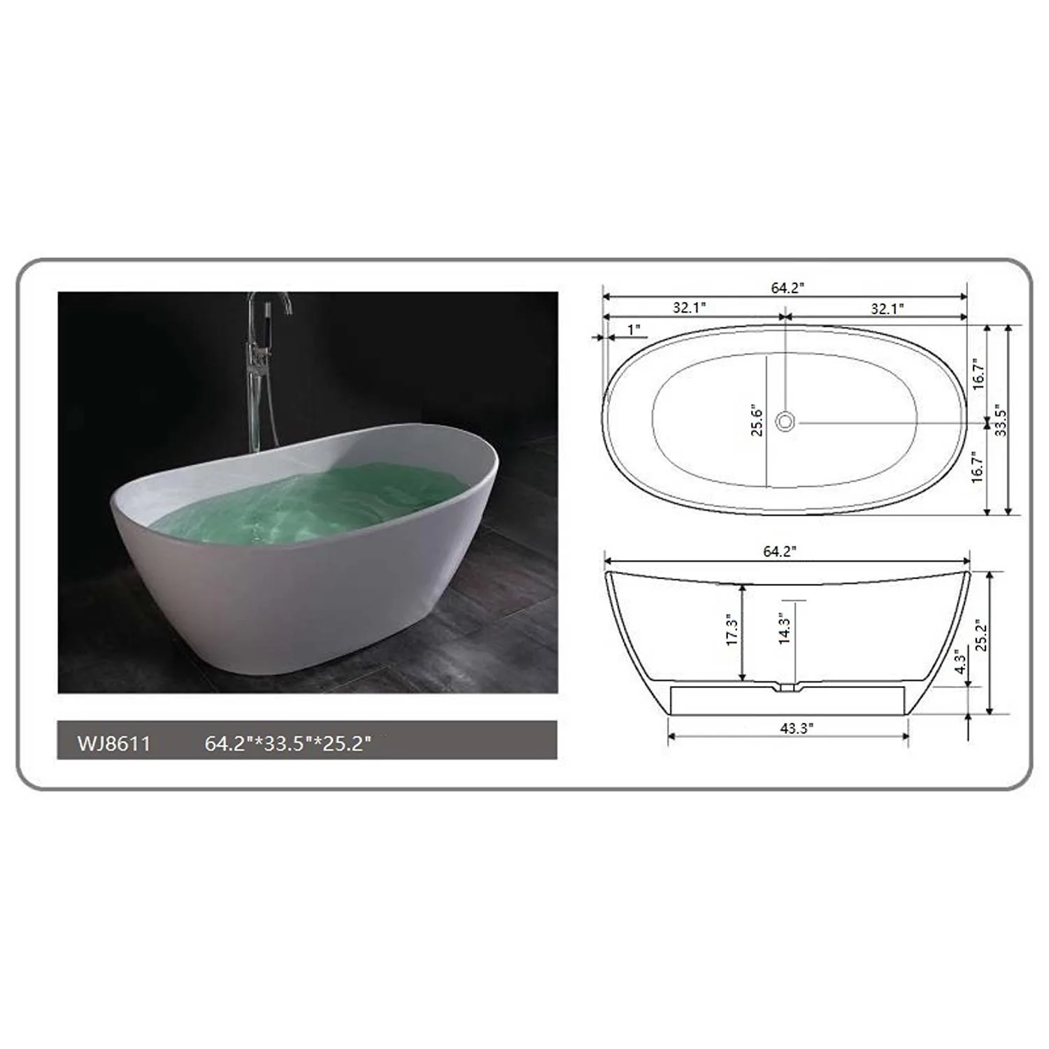Legion Furniture 64.2 Inch No Faucet Matt White Solid Surface Bathtub - image 3