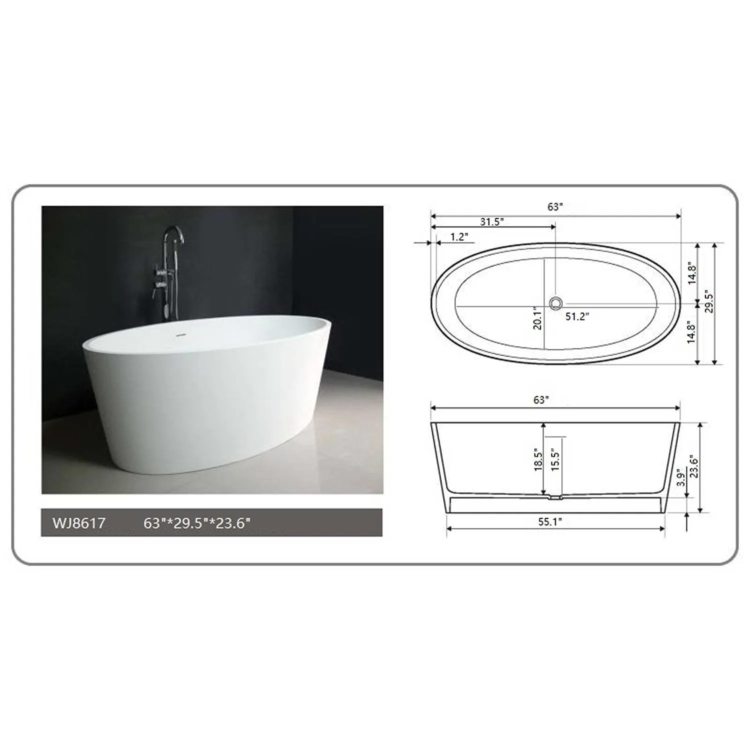 Legion Furniture 63 Inch No Faucet Matt White Solid Surface Bathtub - image 3