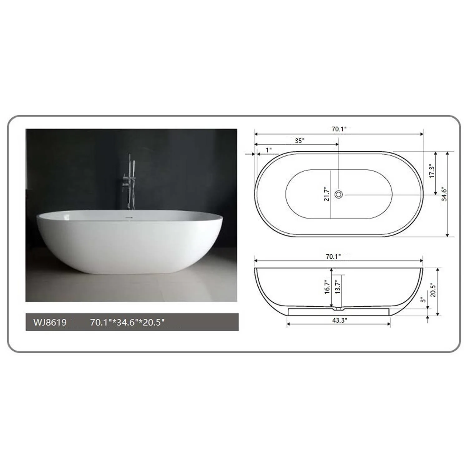 Legion Furniture 70.1 Inch No Faucet Matt White Solid Surface Bathtub - image 3