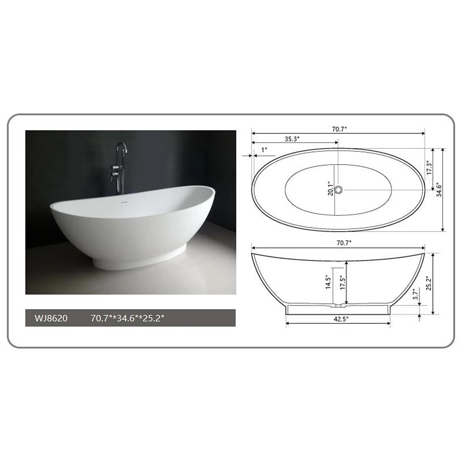 Legion Furniture 70.7 Inch No Faucet Matt White Solid Surface Bathtub - image 3